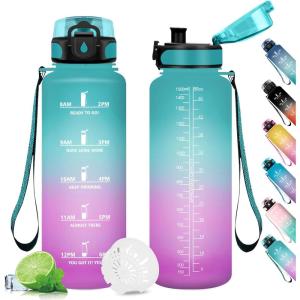 Gourde Sport 1L, Gourde avec Filtre, sans BPA, Bouteille d&rsquo;eau de Motivation avec Marqueur de Temps, Étanche et Réutilisable, Bouteille Réutilisable pour l&rsquo;école, Sport, Bureau, Yoga, Camping(50oz-1500ml | Vert + Rose Clair)