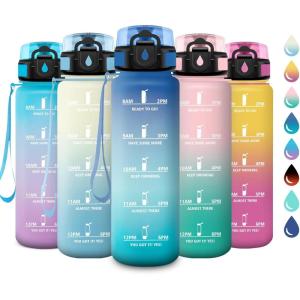 Gourde Sport 1L, Gourde avec Filtre, sans BPA, Bouteille d&rsquo;eau de Motivation avec Marqueur de Temps, Étanche et Réutilisable, Bouteille Réutilisable pour l&rsquo;école, Sport, Bureau, Yoga, Camping(32oz-1000ml | Bleu + Vert)