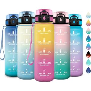 Gourde Sport 1L, Gourde avec Filtre, sans BPA, Bouteille d&rsquo;eau de Motivation avec Marqueur de Temps, Étanche et Réutilisable, Bouteille Réutilisable pour l&rsquo;école, Sport, Bureau, Yoga, Camping(32oz-1000ml | Jaune + Rose)