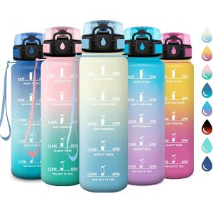 Gourde Sport 1L, Gourde avec Filtre, sans BPA, Bouteille d&rsquo;eau de Motivation avec Marqueur de Temps, Étanche et Réutilisable, Bouteille Réutilisable pour l&rsquo;école, Sport, Bureau, Yoga, Camping(32oz-1000ml | Blanc + Bleu Clair)