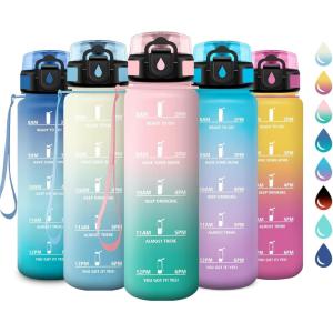 Gourde Sport 1L, Gourde avec Filtre, sans BPA, Bouteille d&rsquo;eau de Motivation avec Marqueur de Temps, Étanche et Réutilisable, Bouteille Réutilisable pour l&rsquo;école, Sport, Bureau, Yoga, Camping(32oz-1000ml | Rose + Cyan)