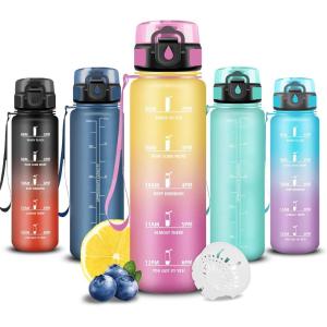 Grsta Gourde, Gourde 500ml, Bouteille Filtrante Anti-Fuite, Facile à Transporter, Bouteille d&rsquo;eau pour Motivation, Facile à Nettoyer, pour Bureau, Voyage, Extérieur, Adulte, Camping, Voyage, Sport(Jaune-rose)