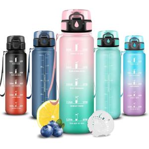 Grsta Gourde, Gourde 500ml, Bouteille Filtrante Anti-Fuite, Facile à Transporter, Bouteille d&rsquo;eau pour Motivation, Facile à Nettoyer, pour Bureau, Voyage, Extérieur, Adulte, Camping, Voyage, Sport(Rose-cyan)