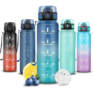 Grsta Gourde, Gourde 500ml, Bouteille Filtrante Anti-Fuite, Facile à Transporter, Bouteille d&rsquo;eau pour Motivation, Facile à Nettoyer, pour Bureau, Voyage, Extérieur, Adulte, Camping, Voyage, Sport(Bleu-vert)