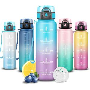 Grsta Gourde, Gourde 500ml, Bouteille Filtrante Anti-Fuite, Facile à Transporter, Bouteille d&rsquo;eau pour Motivation, Facile à Nettoyer, pour Bureau, Voyage, Extérieur, Adulte, Camping, Voyage, Sport(Bleu-violet)