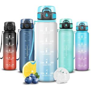 Grsta Gourde, Gourde 500ml, Bouteille Filtrante Anti-Fuite, Facile à Transporter, Bouteille d&rsquo;eau pour Motivation, Facile à Nettoyer, pour Bureau, Voyage, Extérieur, Adulte, Camping, Voyage, Sport(Givré-ciel)