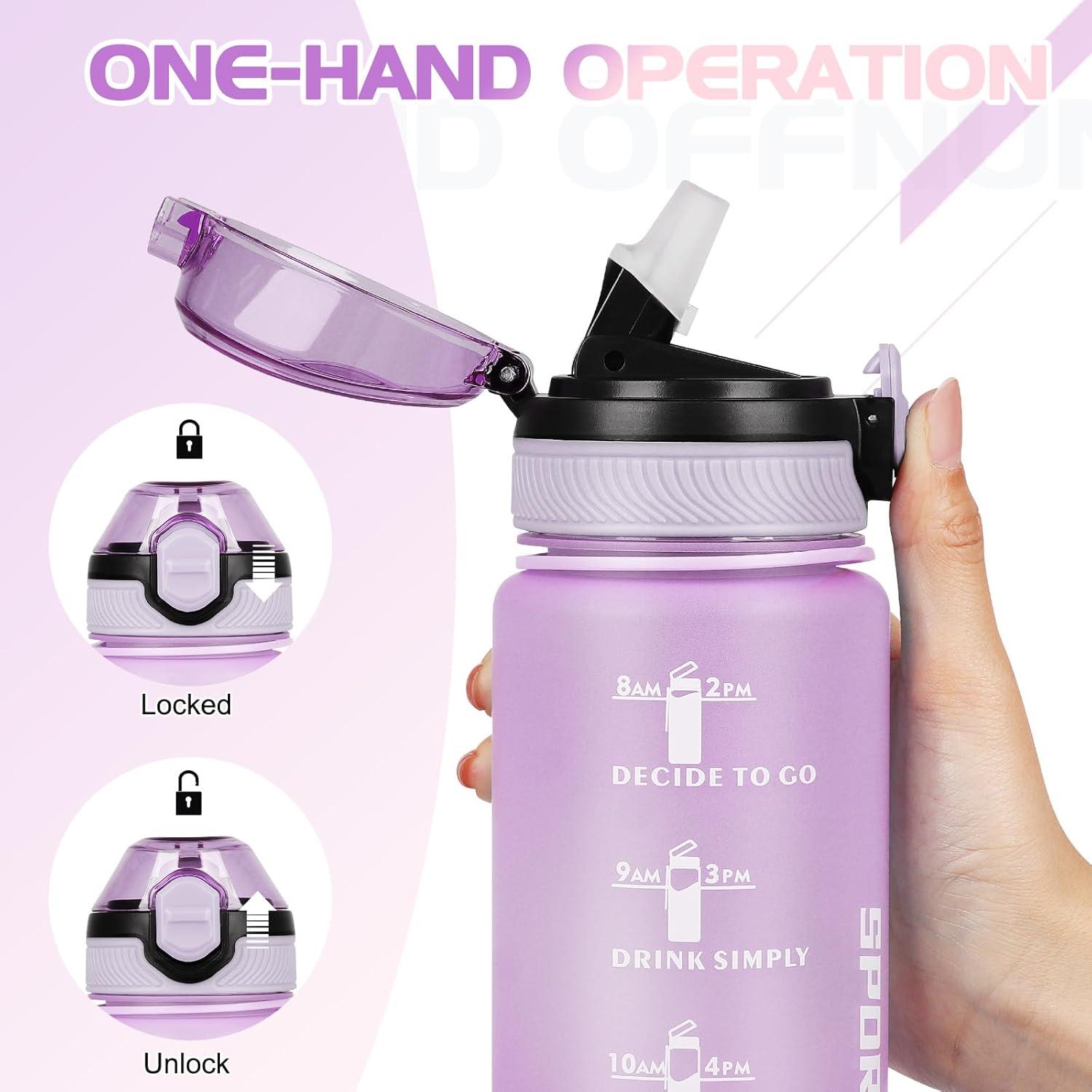 imageAOHAN Bouteille deau de 1 L sans BPA avec paille passe au lavevaisselle couvercle antifuite bouteille deau motivante avec marquages de temps non toxiqueVioletrose