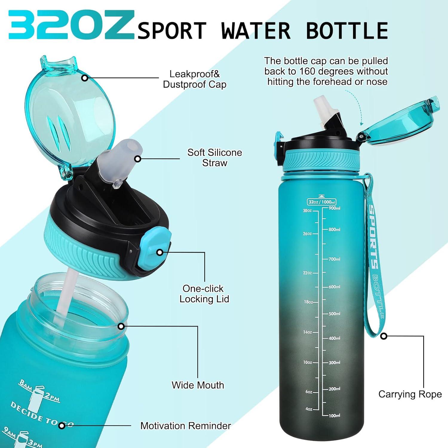 imageAOHAN Bouteille deau de 1 L sans BPA avec paille passe au lavevaisselle couvercle antifuite bouteille deau motivante avec marquages de temps non toxiqueVertnoir