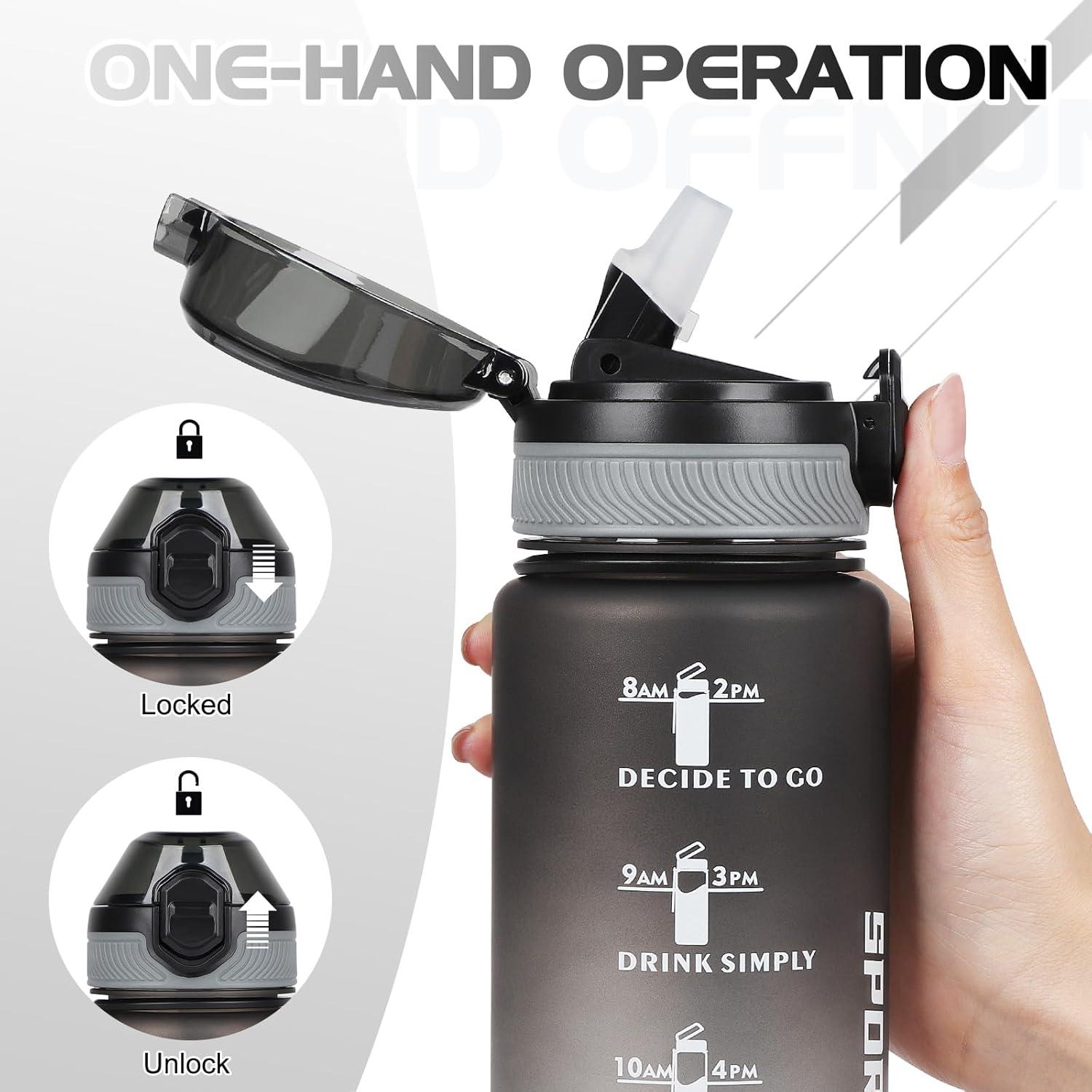 imageAOHAN Bouteille deau de 1 L sans BPA avec paille passe au lavevaisselle couvercle antifuite bouteille deau motivante avec marquages de temps non toxiqueNoirgris