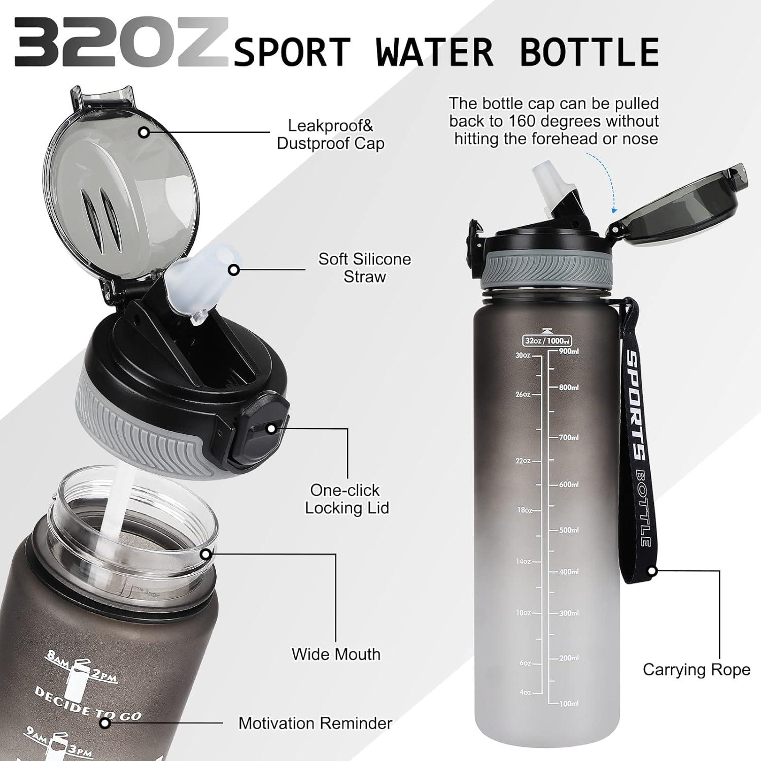 imageAOHAN Bouteille deau de 1 L sans BPA avec paille passe au lavevaisselle couvercle antifuite bouteille deau motivante avec marquages de temps non toxiqueNoirgris