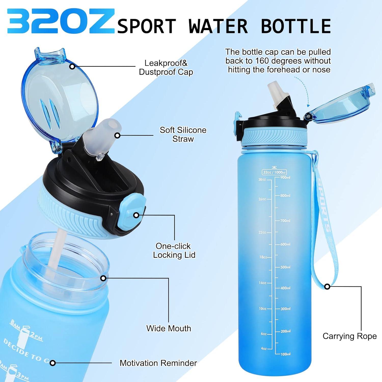 imageAOHAN Bouteille deau de 1 L sans BPA avec paille passe au lavevaisselle couvercle antifuite bouteille deau motivante avec marquages de temps non toxiqueBleu Clair