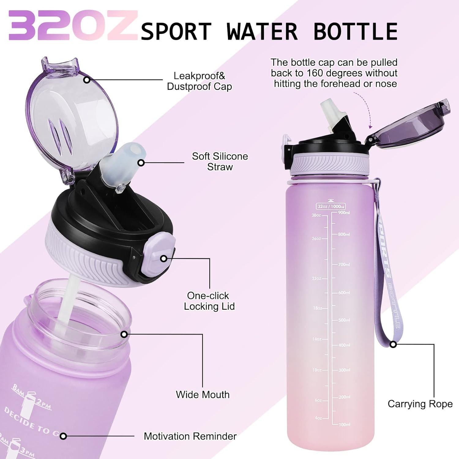 imageAOHAN Bouteille deau de 1 L sans BPA avec paille passe au lavevaisselle couvercle antifuite bouteille deau motivante avec marquages de temps non toxiqueVioletrose
