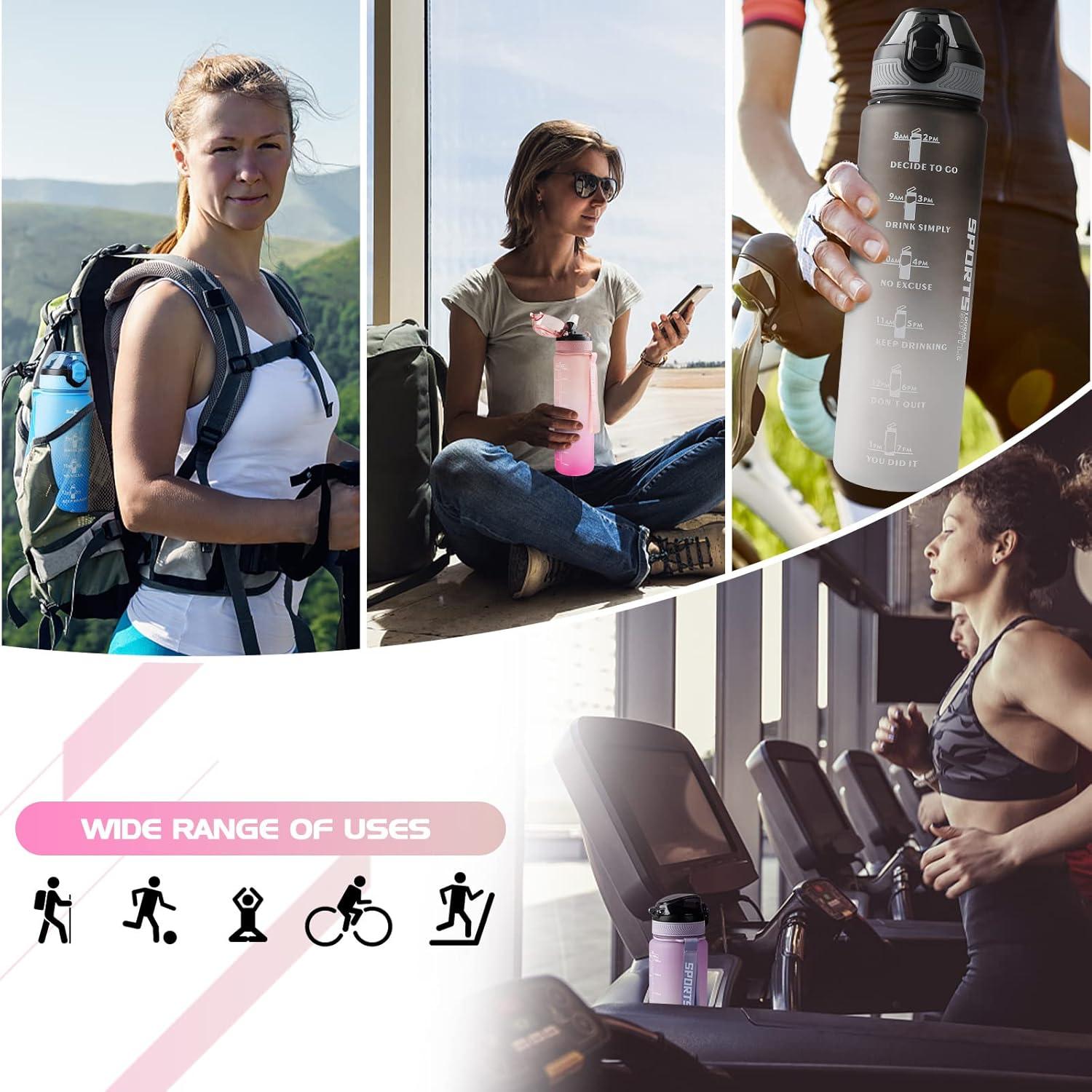 imageAOHAN Bouteille deau de 1 L sans BPA avec paille passe au lavevaisselle couvercle antifuite bouteille deau motivante avec marquages de temps non toxiqueDgrad Rose