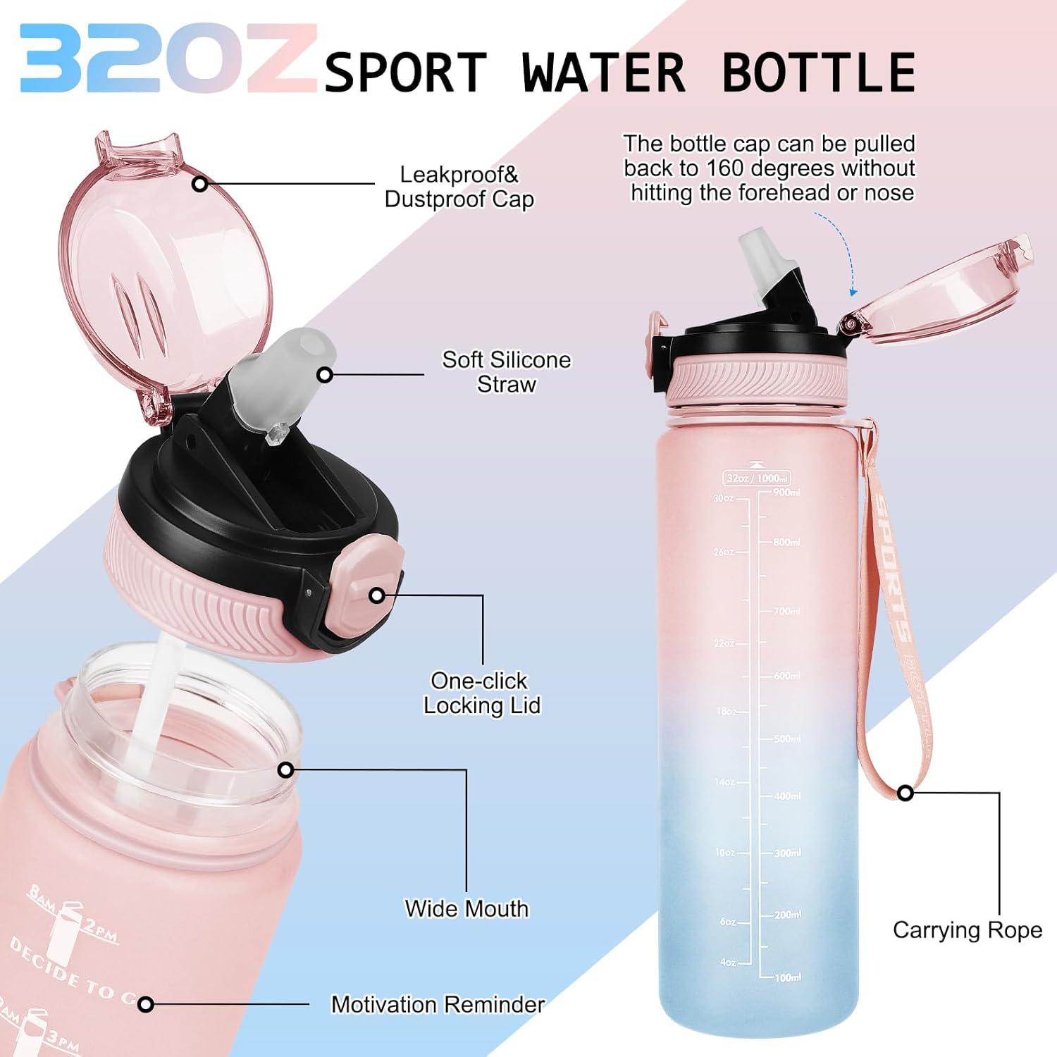 imageAOHAN Bouteille deau de 1 L sans BPA avec paille passe au lavevaisselle couvercle antifuite bouteille deau motivante avec marquages de temps non toxiqueRosebleu
