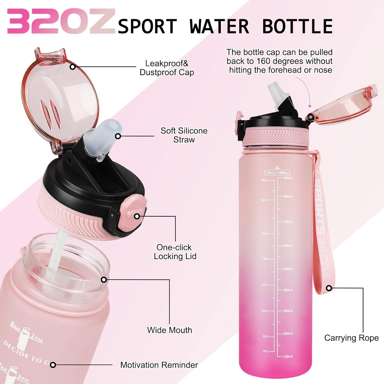 imageAOHAN Bouteille deau de 1 L sans BPA avec paille passe au lavevaisselle couvercle antifuite bouteille deau motivante avec marquages de temps non toxiqueDgrad Rose