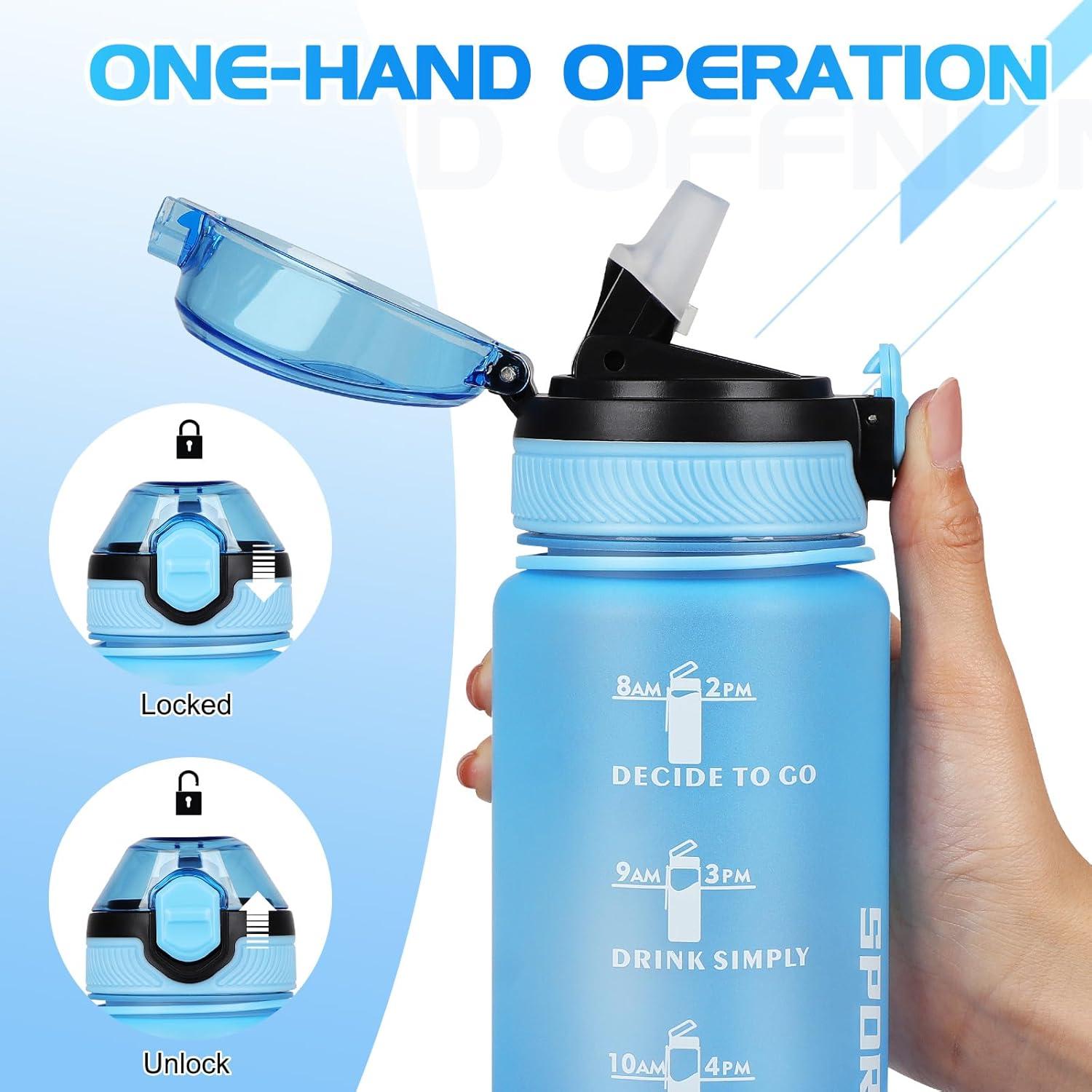 imageAOHAN Bouteille deau de 1 L sans BPA avec paille passe au lavevaisselle couvercle antifuite bouteille deau motivante avec marquages de temps non toxiqueBleu Clair