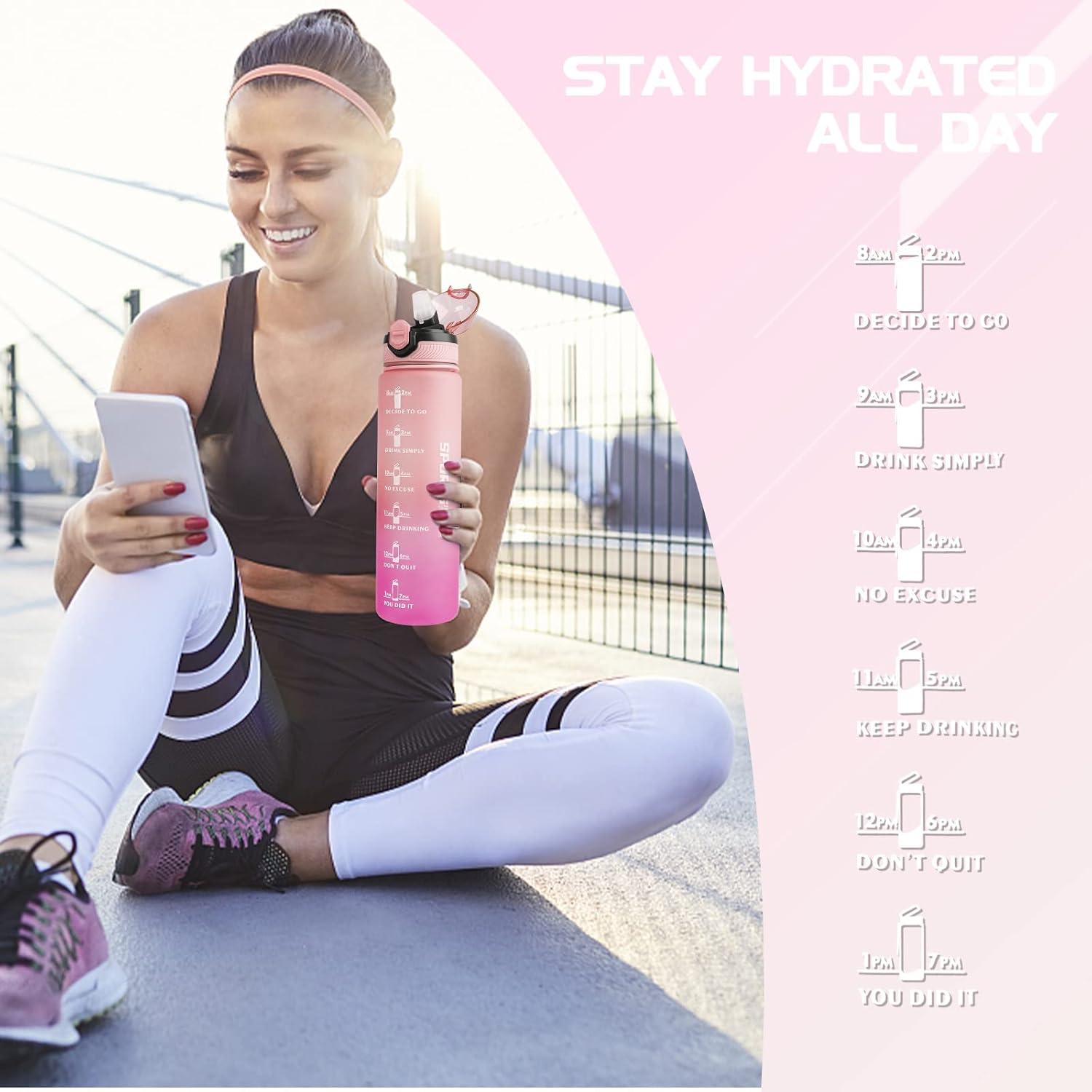 imageAOHAN Bouteille deau de 1 L sans BPA avec paille passe au lavevaisselle couvercle antifuite bouteille deau motivante avec marquages de temps non toxiqueDgrad Rose