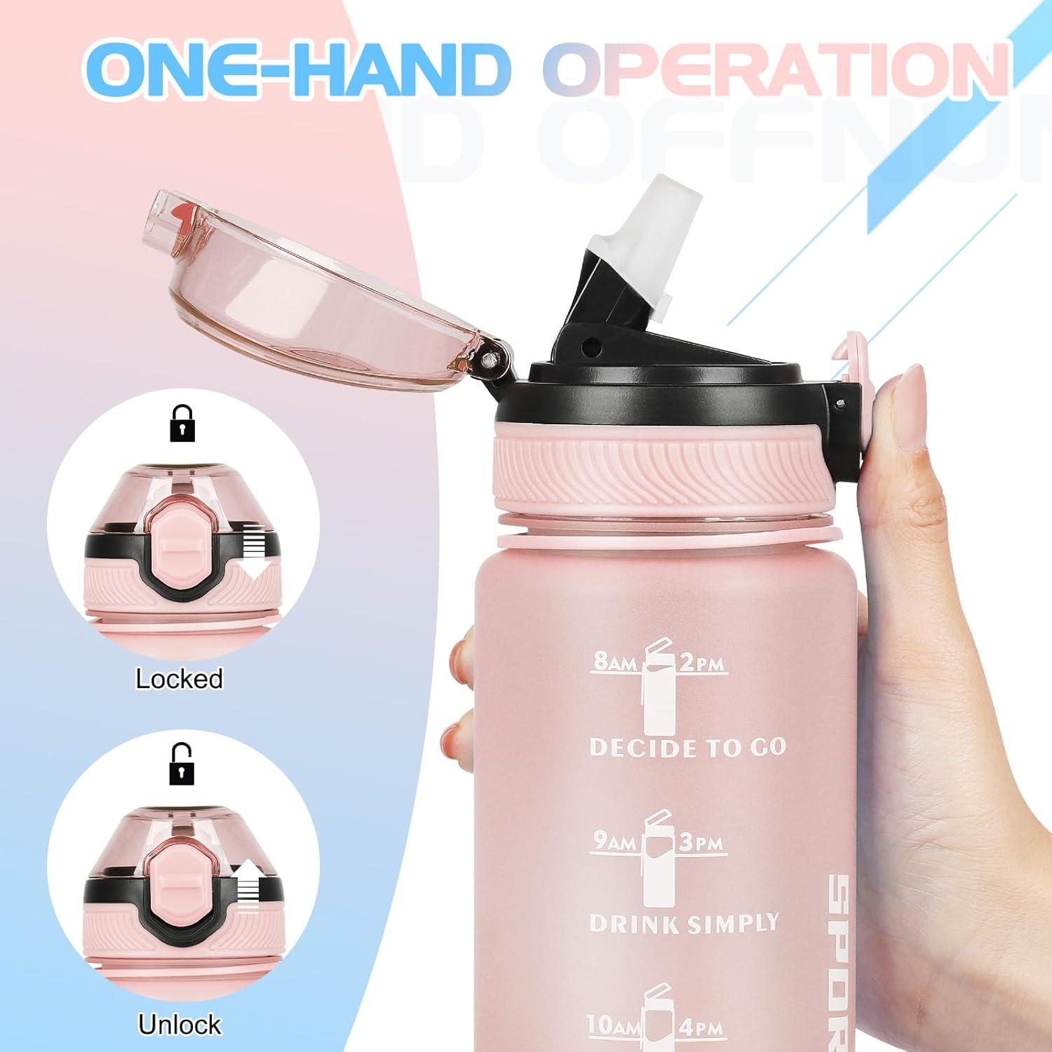imageAOHAN Bouteille deau de 1 L sans BPA avec paille passe au lavevaisselle couvercle antifuite bouteille deau motivante avec marquages de temps non toxiqueRosebleu