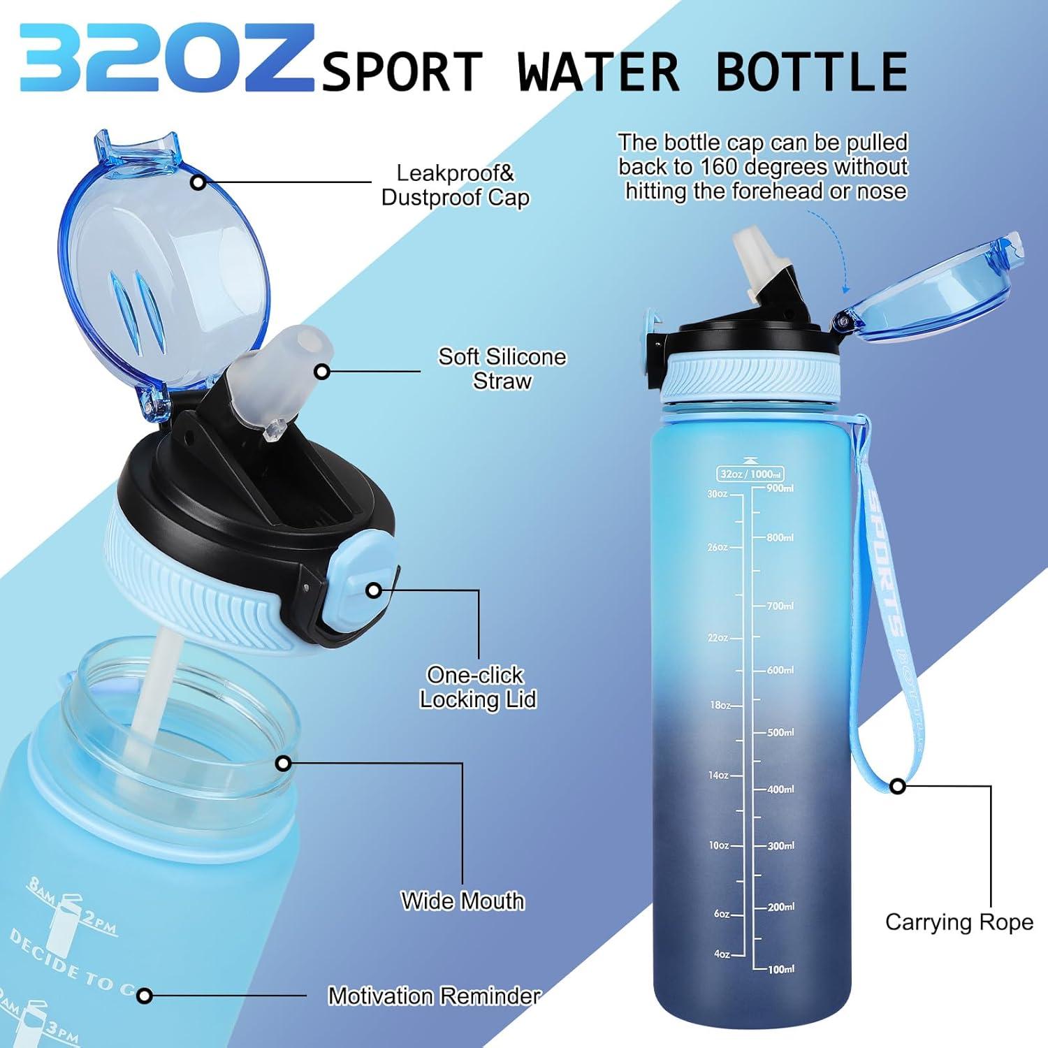 imageAOHAN Bouteille deau de 1 L sans BPA avec paille passe au lavevaisselle couvercle antifuite bouteille deau motivante avec marquages de temps non toxiqueBleu Haze