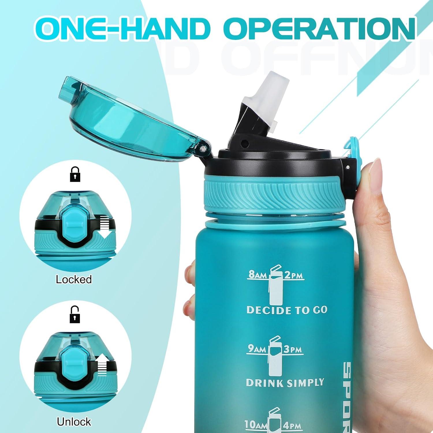imageAOHAN Bouteille deau de 1 L sans BPA avec paille passe au lavevaisselle couvercle antifuite bouteille deau motivante avec marquages de temps non toxiqueVertnoir