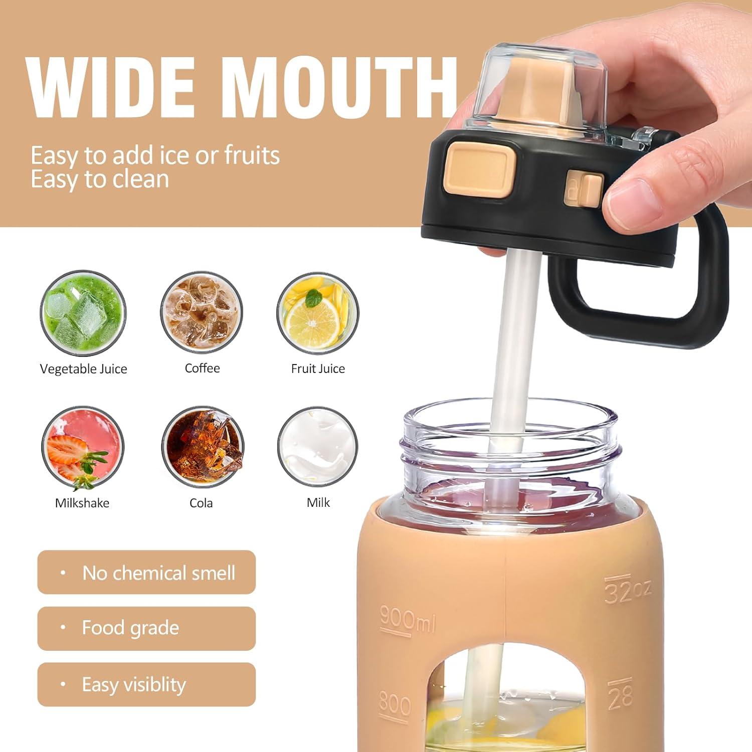 imageBLUEGO 900ML Bouteille deau en Verre avec Poigne et Paille Bouteille dhydratation avec Manchon en Silicone et Marquage du Temps Gourde de Motivation pour Gym Sport Extrieur Antifuite Bleu foncAmbre