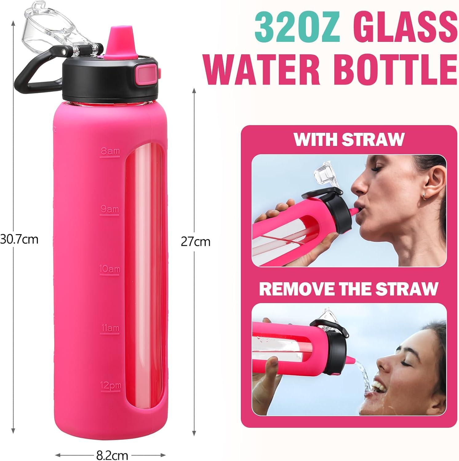 imageBLUEGO 900ML Bouteille deau en Verre avec Poigne et Paille Bouteille dhydratation avec Manchon en Silicone et Marquage du Temps Gourde de Motivation pour Gym Sport Extrieur Antifuite Bleu foncRouge