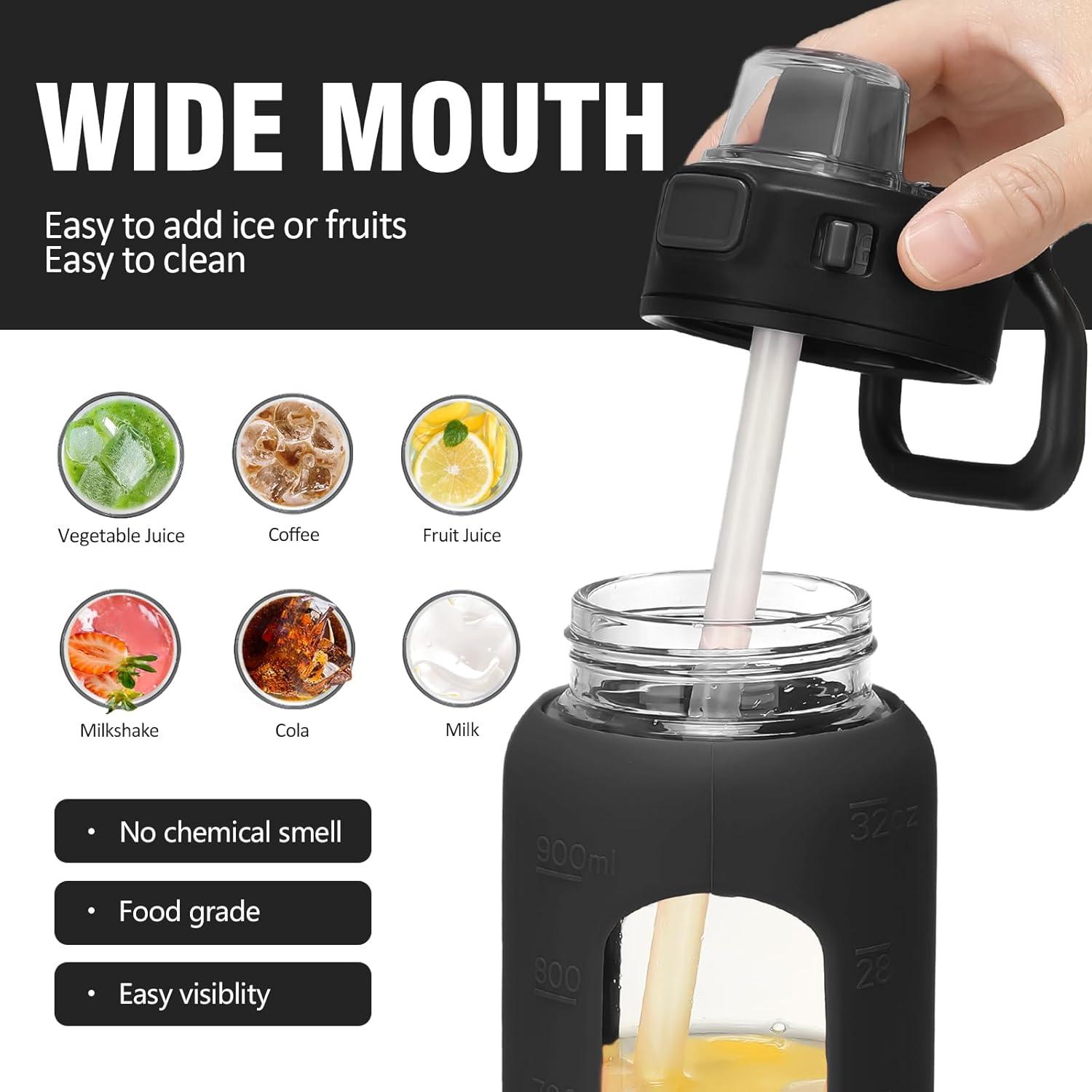 imageBLUEGO 900ML Bouteille deau en Verre avec Poigne et Paille Bouteille dhydratation avec Manchon en Silicone et Marquage du Temps Gourde de Motivation pour Gym Sport Extrieur Antifuite Bleu foncNoir