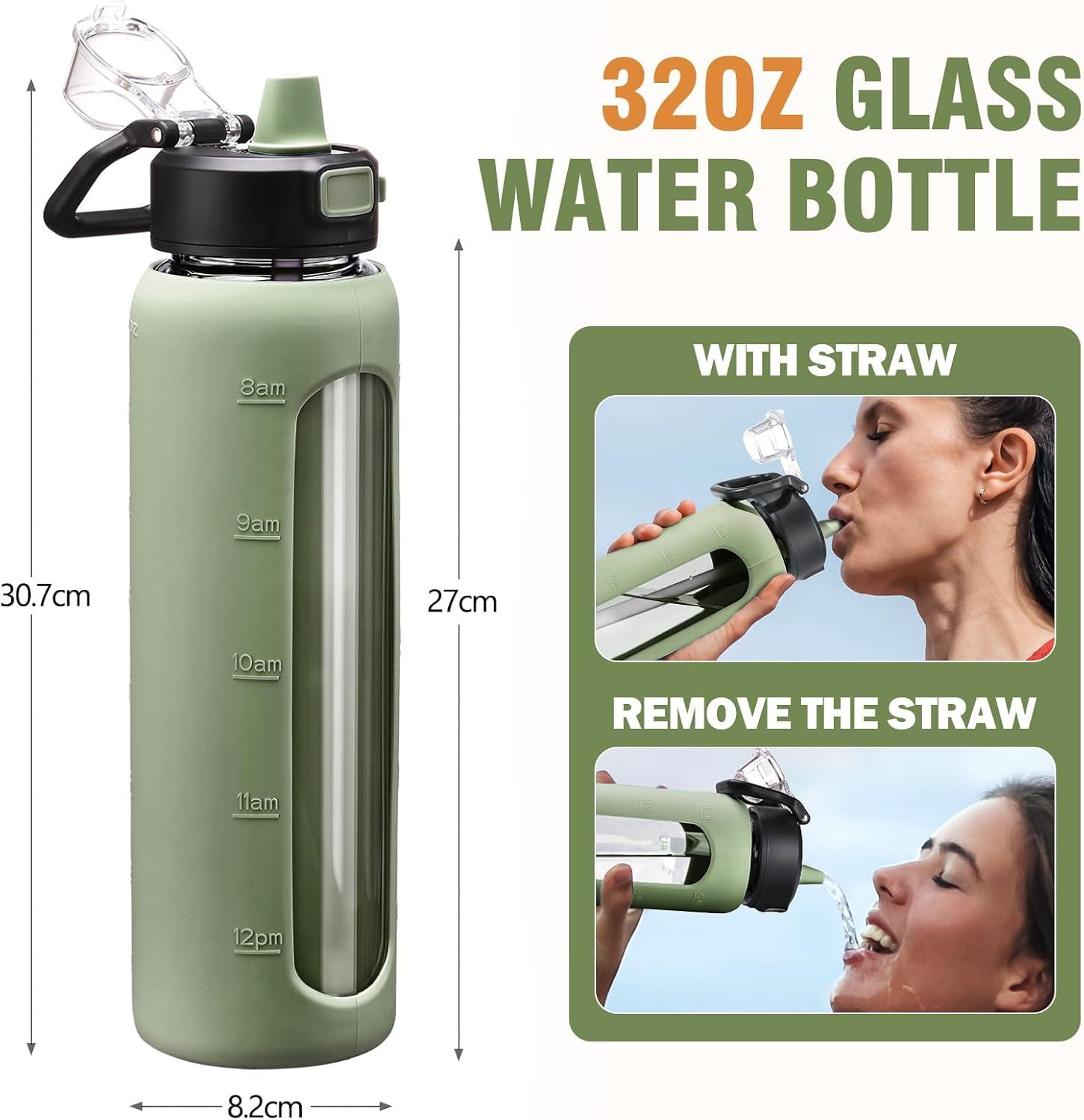 imageBLUEGO 900ML Bouteille deau en Verre avec Poigne et Paille Bouteille dhydratation avec Manchon en Silicone et Marquage du Temps Gourde de Motivation pour Gym Sport Extrieur Antifuite Bleu foncOlive