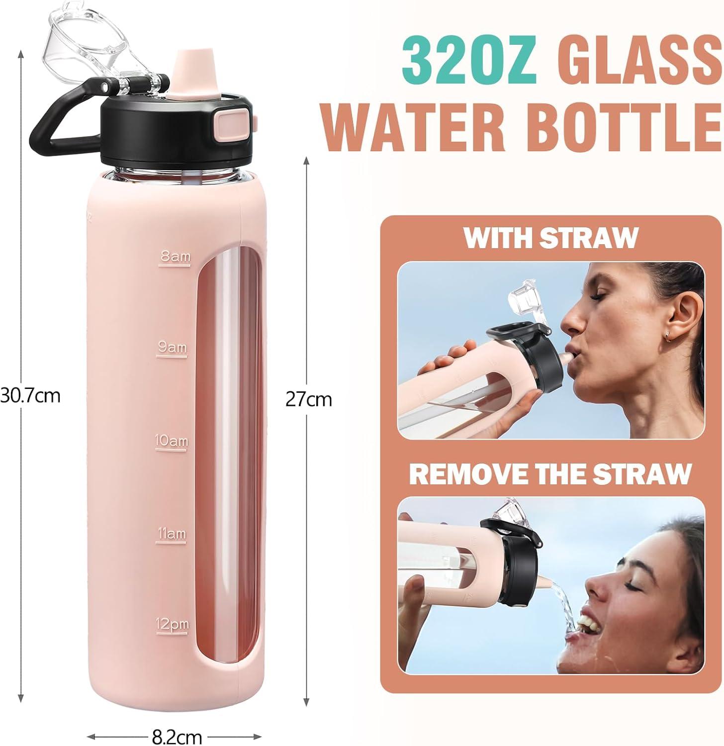 imageBLUEGO 900ML Bouteille deau en Verre avec Poigne et Paille Bouteille dhydratation avec Manchon en Silicone et Marquage du Temps Gourde de Motivation pour Gym Sport Extrieur Antifuite Bleu foncRose