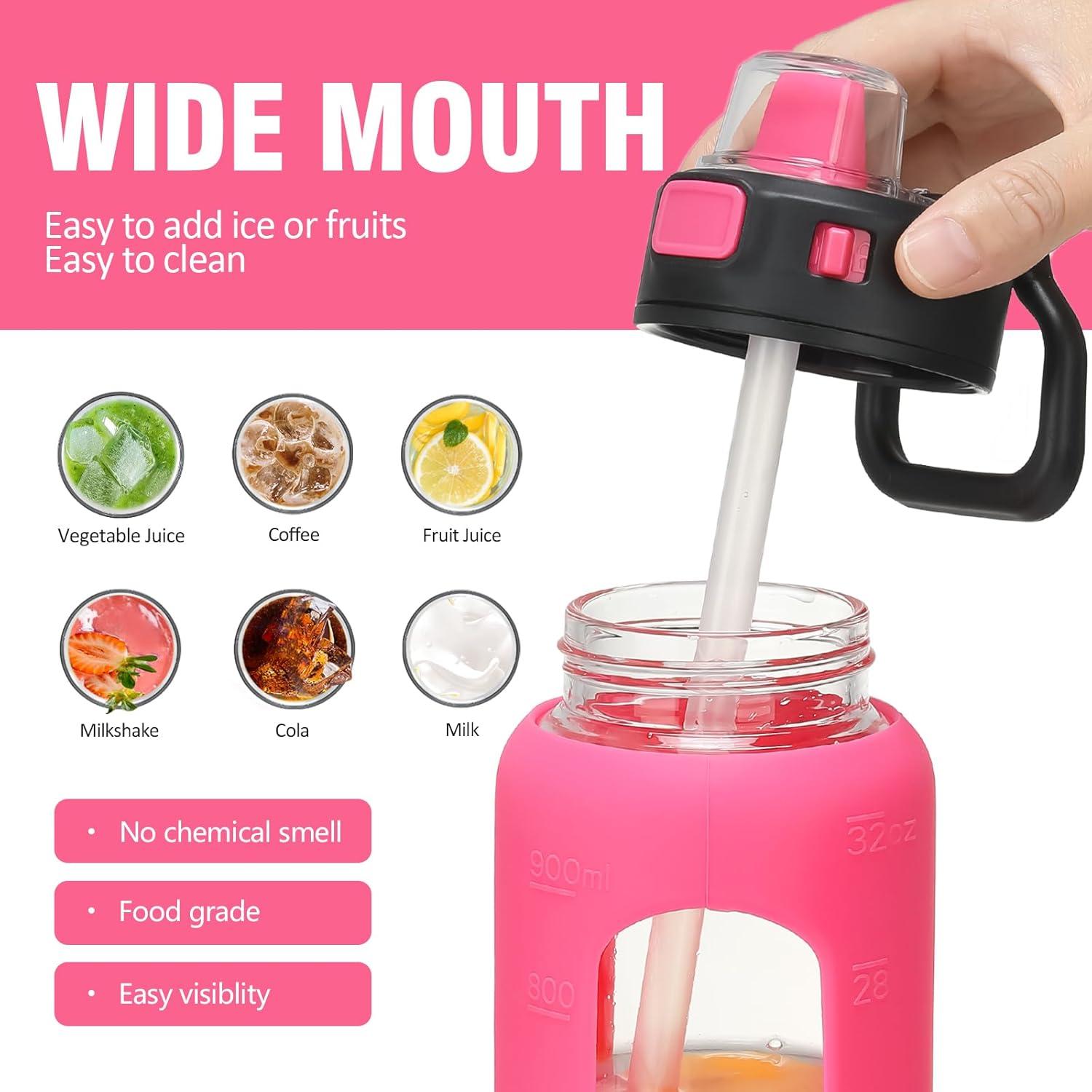 imageBLUEGO 900ML Bouteille deau en Verre avec Poigne et Paille Bouteille dhydratation avec Manchon en Silicone et Marquage du Temps Gourde de Motivation pour Gym Sport Extrieur Antifuite Bleu foncRouge