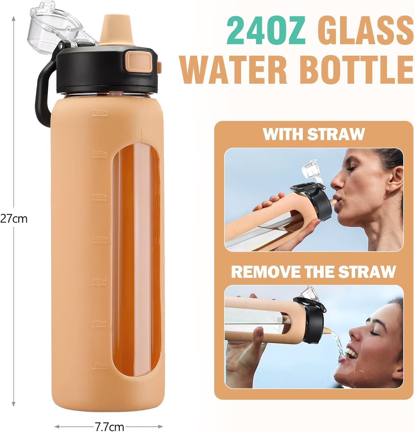 imageBLUEGO 900ML Bouteille deau en Verre avec Poigne et Paille Bouteille dhydratation avec Manchon en Silicone et Marquage du Temps Gourde de Motivation pour Gym Sport Extrieur Antifuite Bleu foncAmbre
