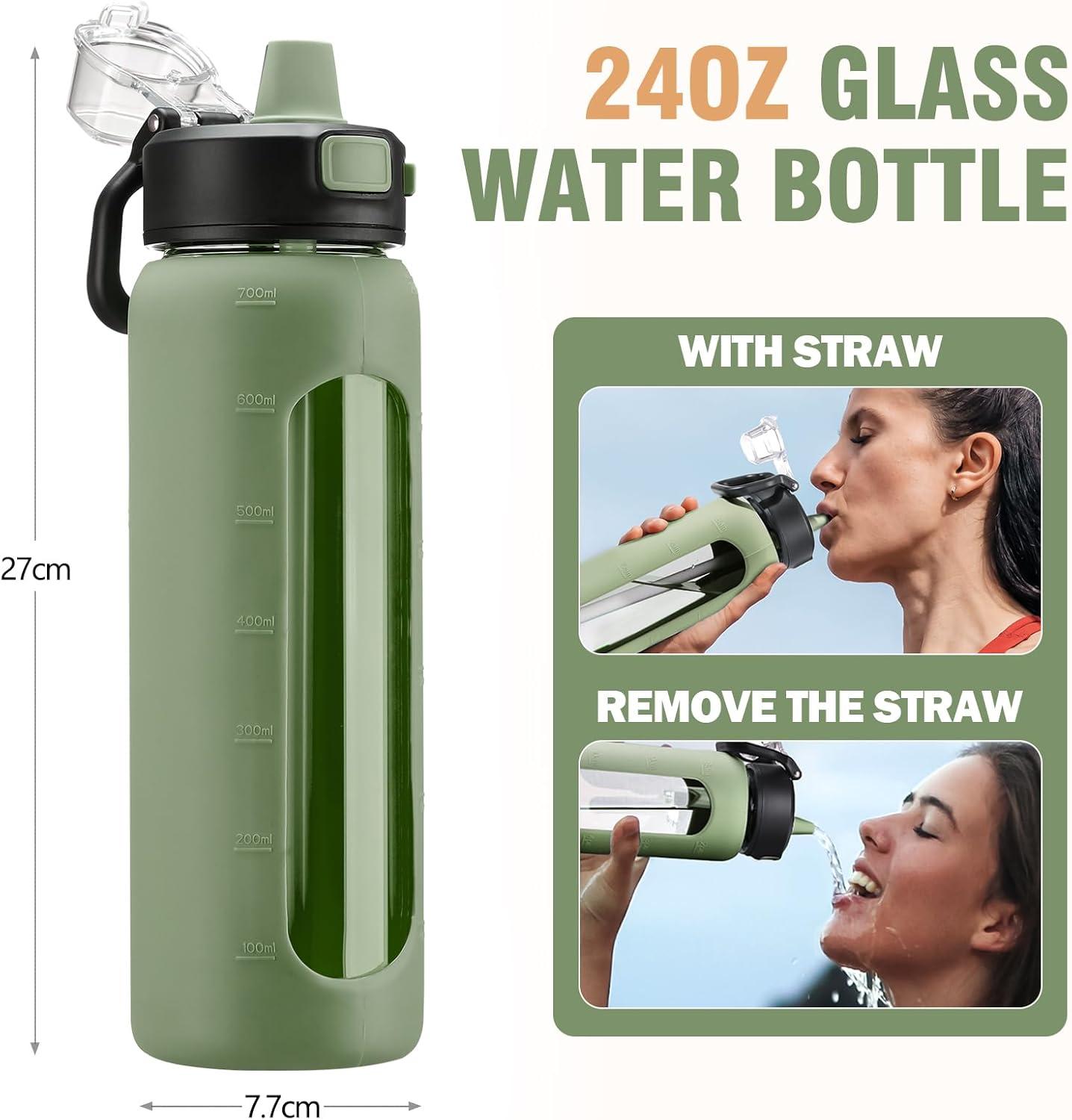 imageBLUEGO 900ML Bouteille deau en Verre avec Poigne et Paille Bouteille dhydratation avec Manchon en Silicone et Marquage du Temps Gourde de Motivation pour Gym Sport Extrieur Antifuite Bleu foncOlive