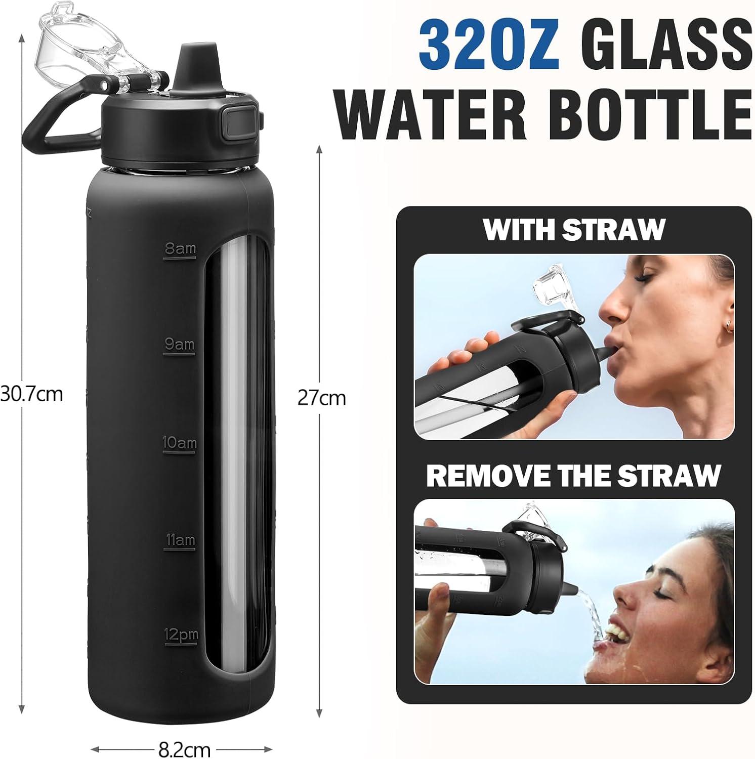 imageBLUEGO 900ML Bouteille deau en Verre avec Poigne et Paille Bouteille dhydratation avec Manchon en Silicone et Marquage du Temps Gourde de Motivation pour Gym Sport Extrieur Antifuite Bleu foncNoir