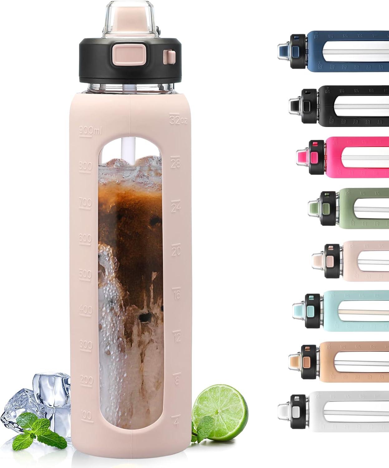 imageBLUEGO 900ML Bouteille deau en Verre avec Poigne et Paille Bouteille dhydratation avec Manchon en Silicone et Marquage du Temps Gourde de Motivation pour Gym Sport Extrieur Antifuite Bleu foncRose
