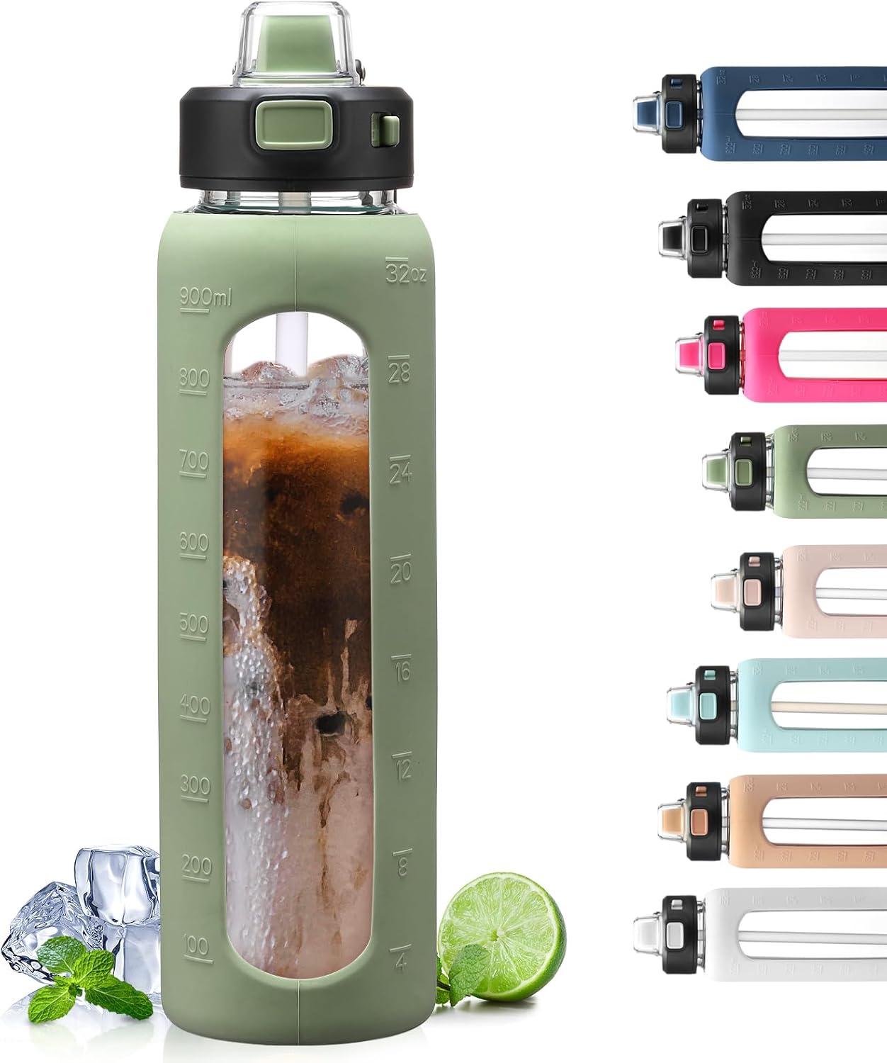 imageBLUEGO 900ML Bouteille deau en Verre avec Poigne et Paille Bouteille dhydratation avec Manchon en Silicone et Marquage du Temps Gourde de Motivation pour Gym Sport Extrieur Antifuite Bleu foncOlive