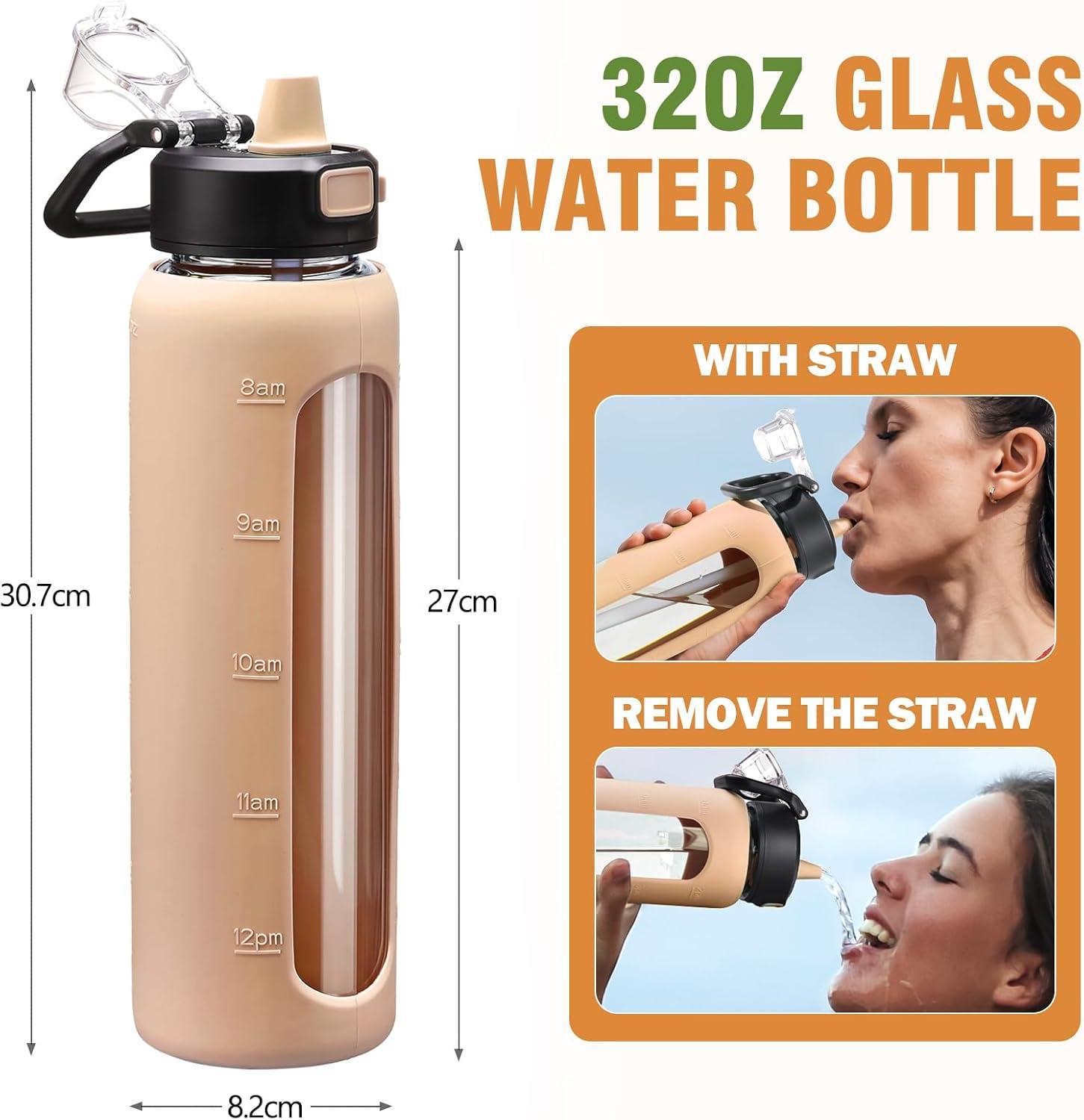 imageBLUEGO 900ML Bouteille deau en Verre avec Poigne et Paille Bouteille dhydratation avec Manchon en Silicone et Marquage du Temps Gourde de Motivation pour Gym Sport Extrieur Antifuite Bleu foncAmbre