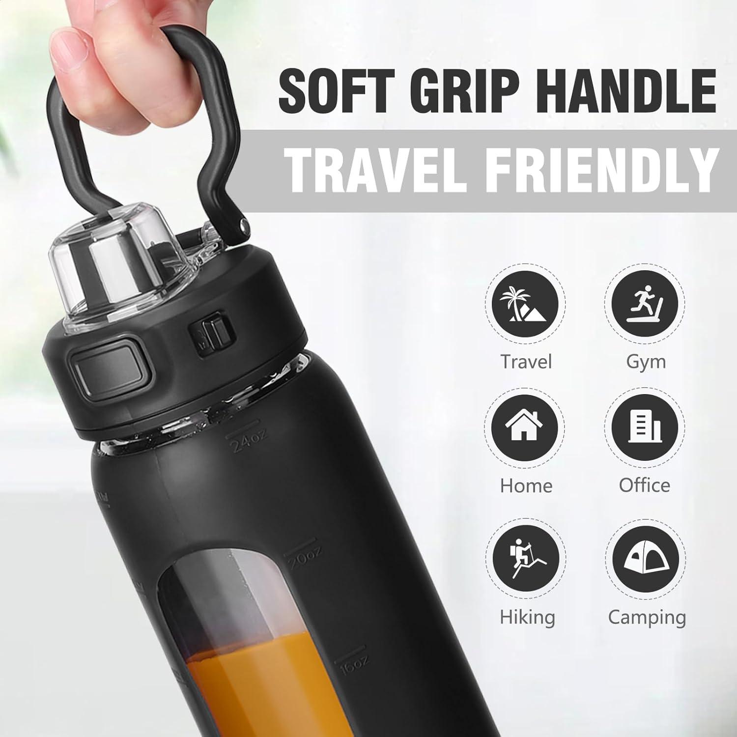 imageBLUEGO 900ML Bouteille deau en Verre avec Poigne et Paille Bouteille dhydratation avec Manchon en Silicone et Marquage du Temps Gourde de Motivation pour Gym Sport Extrieur Antifuite Bleu foncNoir