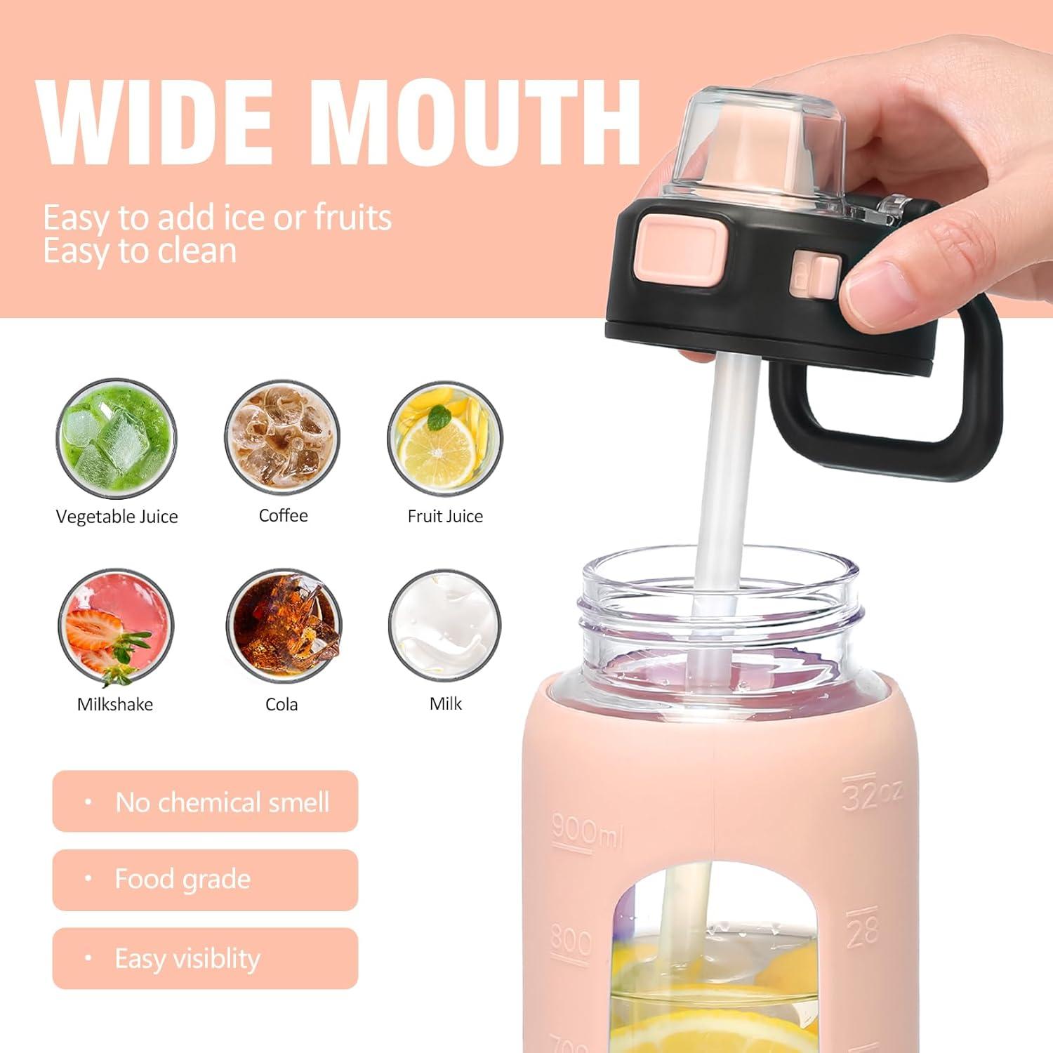 imageBLUEGO 900ML Bouteille deau en Verre avec Poigne et Paille Bouteille dhydratation avec Manchon en Silicone et Marquage du Temps Gourde de Motivation pour Gym Sport Extrieur Antifuite Bleu foncRose