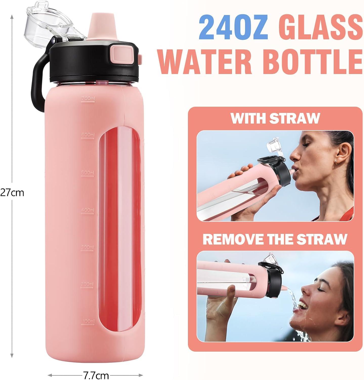 imageBLUEGO 900ML Bouteille deau en Verre avec Poigne et Paille Bouteille dhydratation avec Manchon en Silicone et Marquage du Temps Gourde de Motivation pour Gym Sport Extrieur Antifuite Bleu foncRose