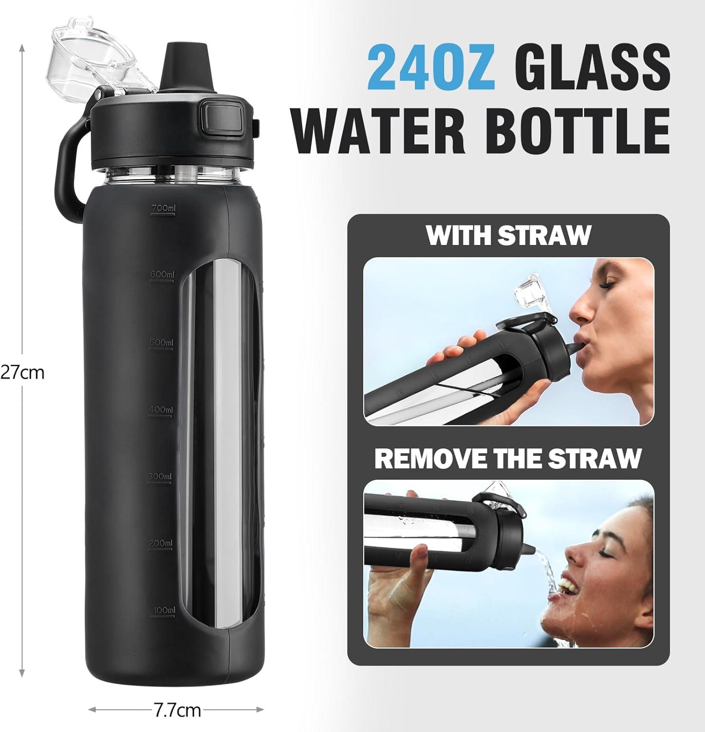 imageBLUEGO 900ML Bouteille deau en Verre avec Poigne et Paille Bouteille dhydratation avec Manchon en Silicone et Marquage du Temps Gourde de Motivation pour Gym Sport Extrieur Antifuite Bleu foncNoir