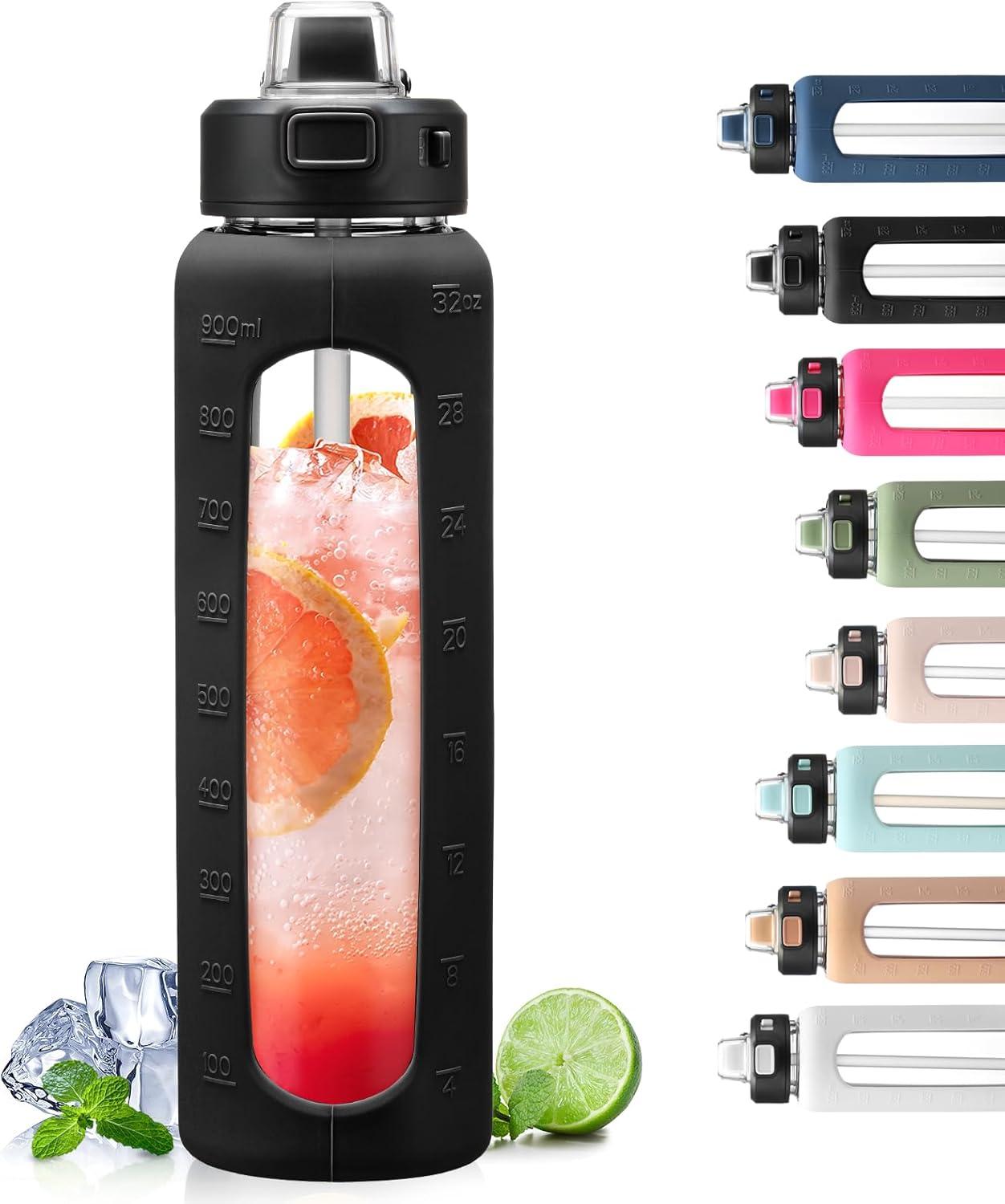 imageBLUEGO 900ML Bouteille deau en Verre avec Poigne et Paille Bouteille dhydratation avec Manchon en Silicone et Marquage du Temps Gourde de Motivation pour Gym Sport Extrieur Antifuite Bleu foncNoir
