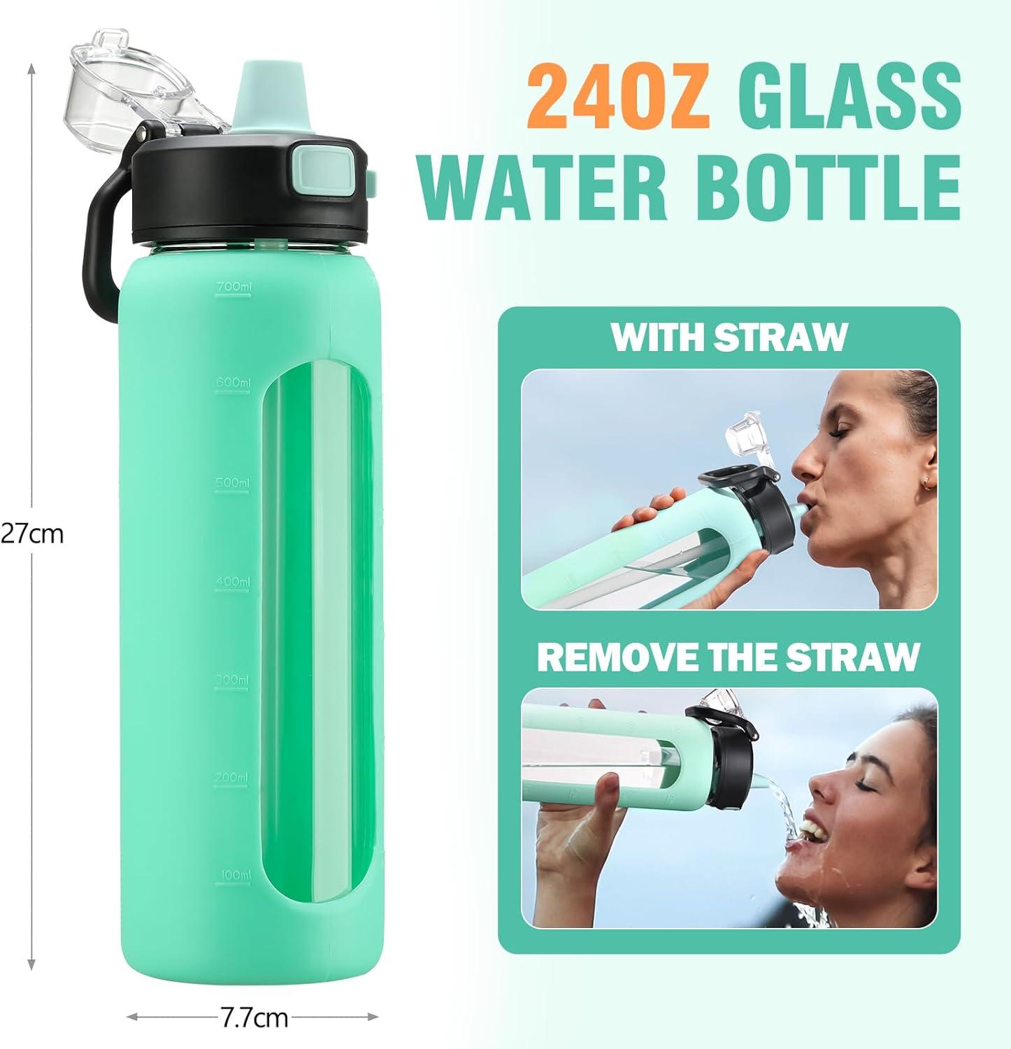 imageBLUEGO 900ML Bouteille deau en Verre avec Poigne et Paille Bouteille dhydratation avec Manchon en Silicone et Marquage du Temps Gourde de Motivation pour Gym Sport Extrieur Antifuite Bleu foncVert