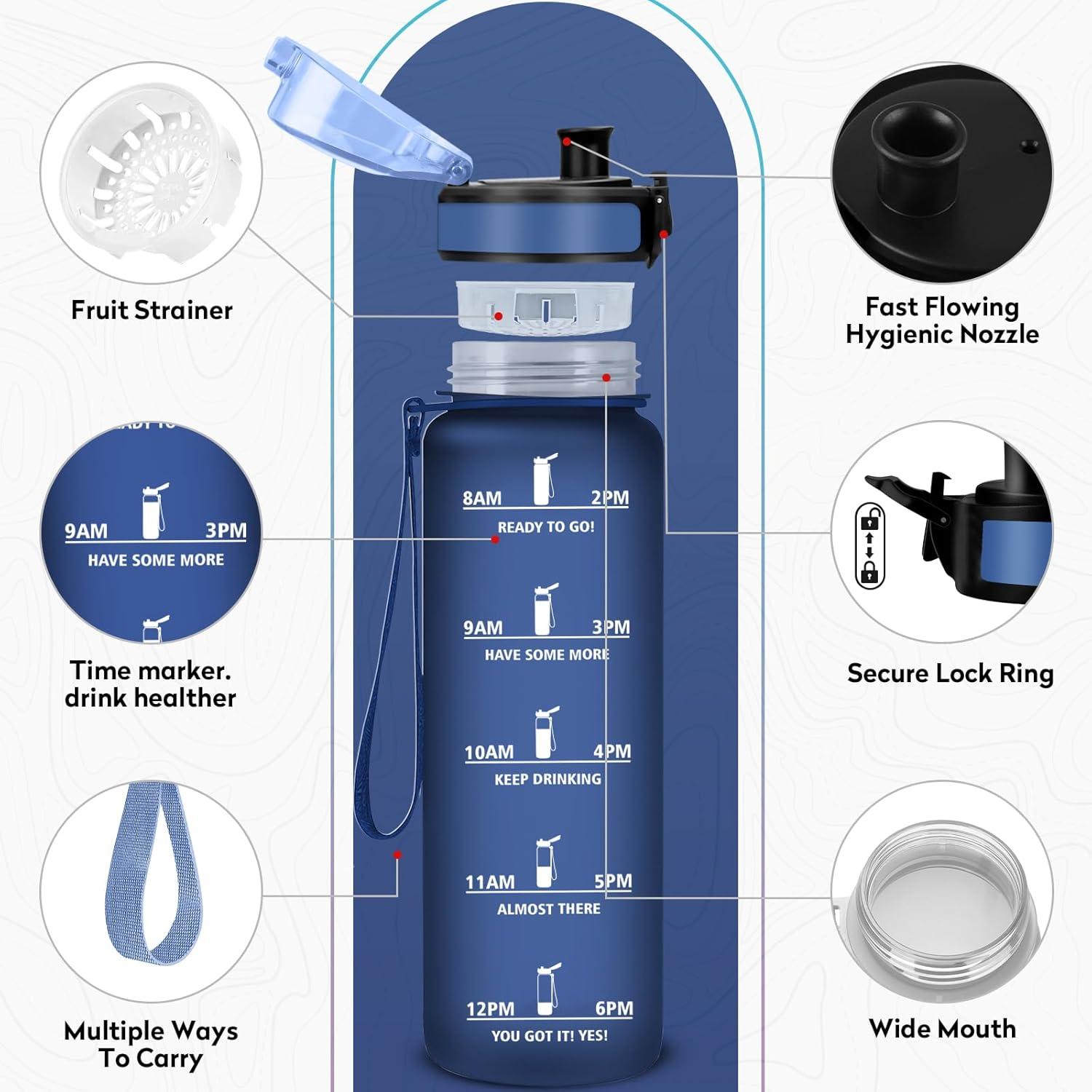 imageBouteille deau 500ml Gourde Enfant avec Filtre Gourde Sport tanche Gourdes avec Marqueur de Temps Bouteille Reutilisable Gourdes Motivation Idale pour Yoga cole Bureau Randonne32oz1000ml Mat Marine Bleu