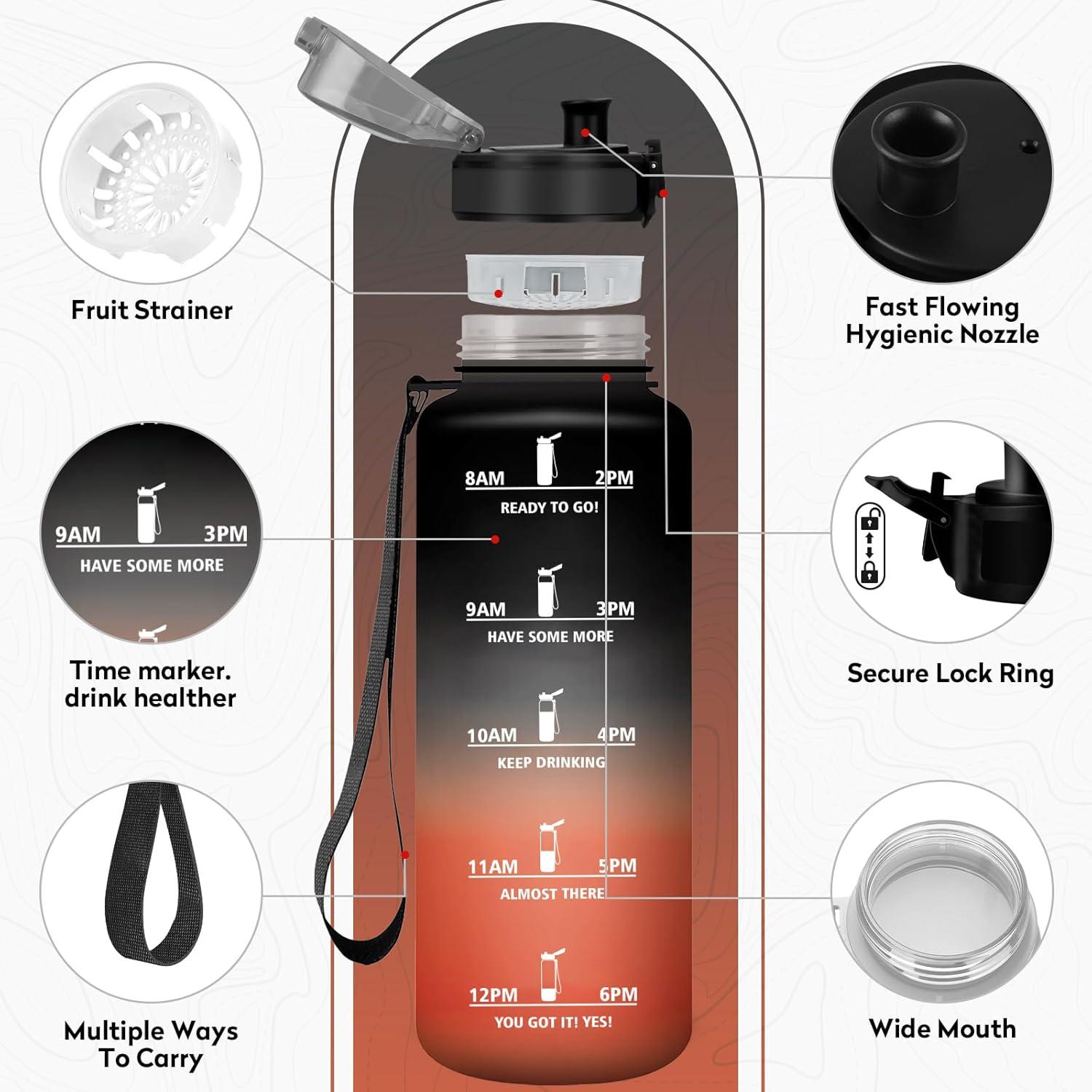 imageBouteille deau 500ml Gourde Enfant avec Filtre Gourde Sport tanche Gourdes avec Marqueur de Temps Bouteille Reutilisable Gourdes Motivation Idale pour Yoga cole Bureau Randonne50oz1500ml Noir Rouge