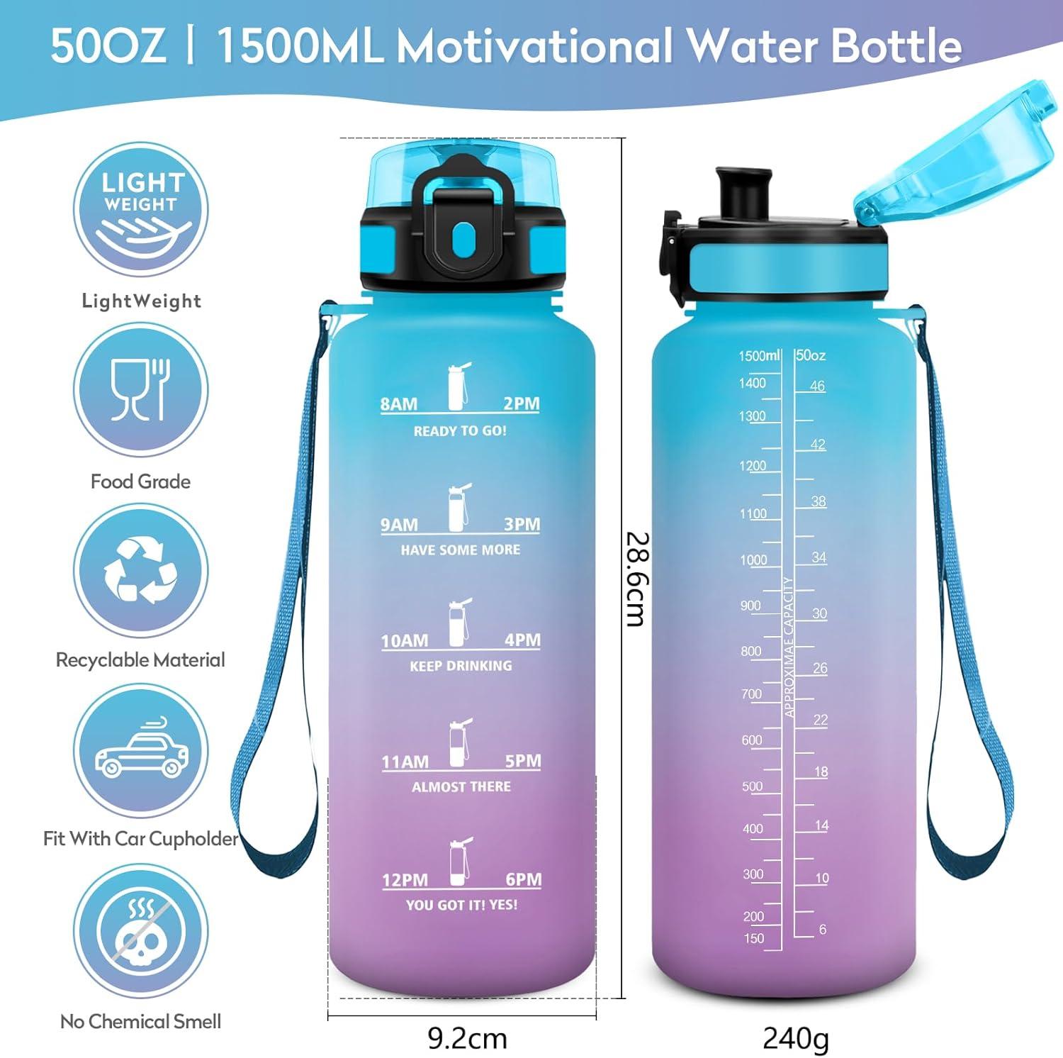 imageBouteille deau 500ml Gourde Enfant avec Filtre Gourde Sport tanche Gourdes avec Marqueur de Temps Bouteille Reutilisable Gourdes Motivation Idale pour Yoga cole Bureau Randonne50oz1500ml Bleu Violet