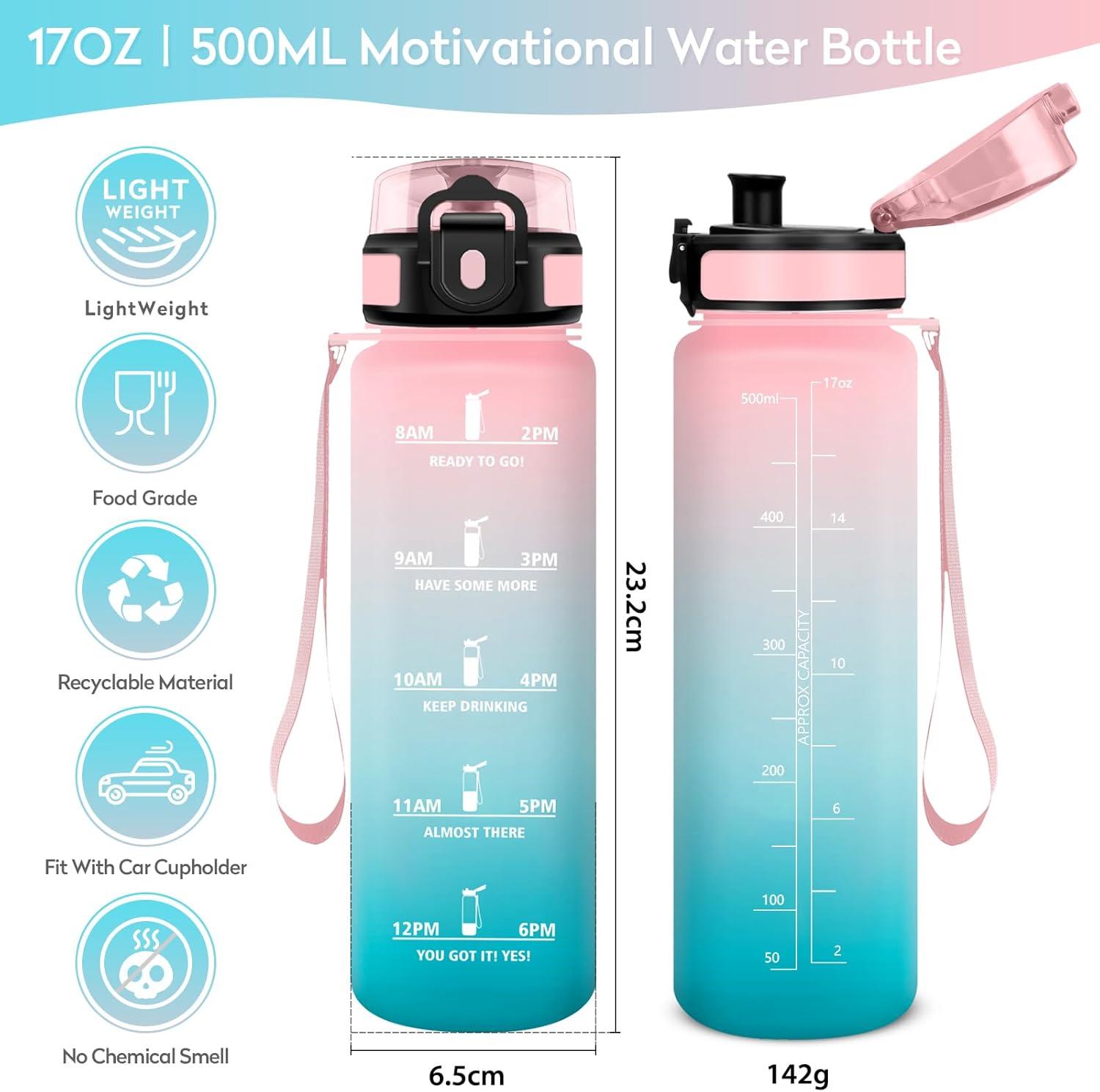 imageBouteille deau 500ml Gourde Enfant avec Filtre Gourde Sport tanche Gourdes avec Marqueur de Temps Bouteille Reutilisable Gourdes Motivation Idale pour Yoga cole Bureau Randonne17oz500ml Rose Cyan