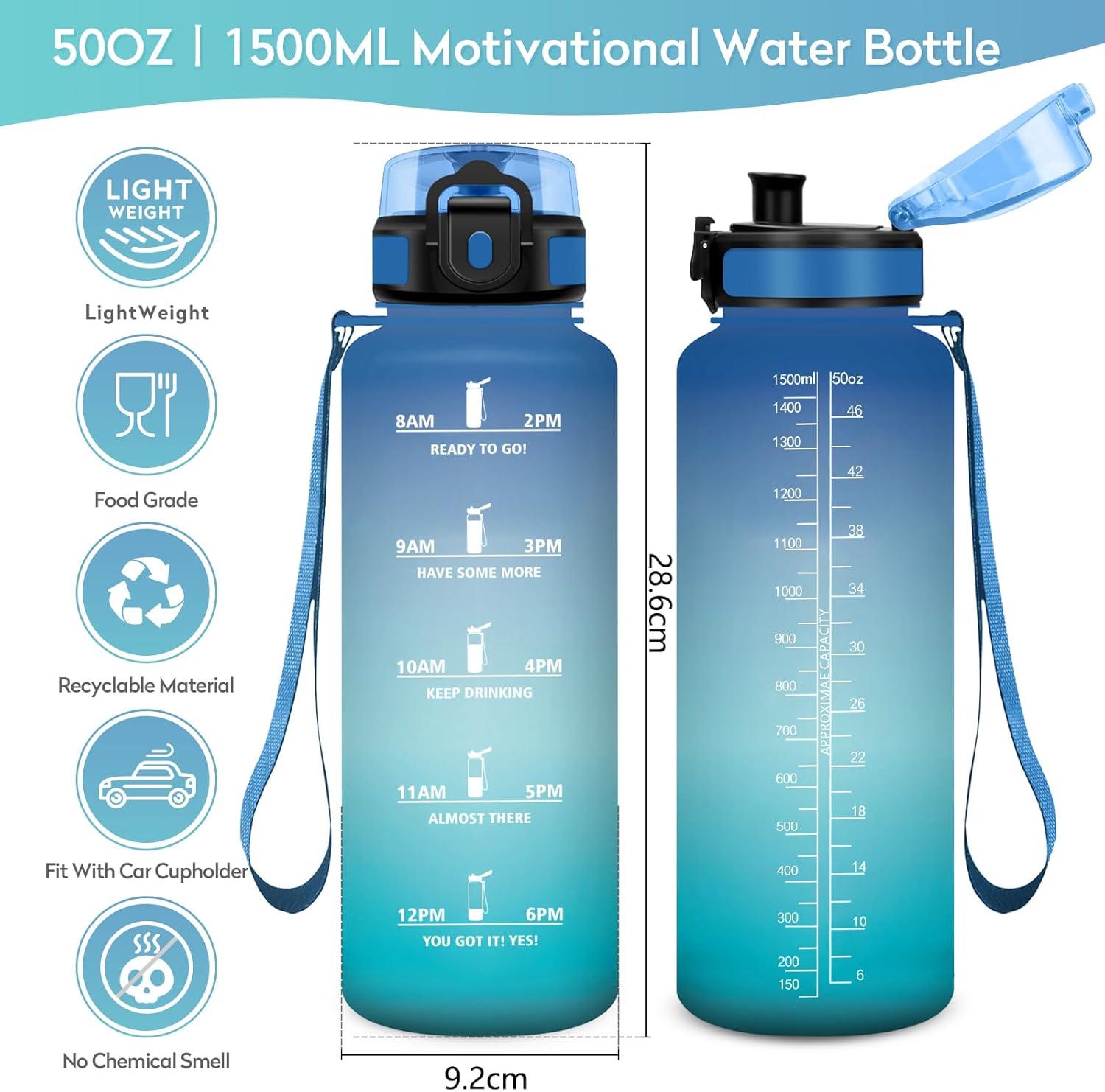 imageBouteille deau 500ml Gourde Enfant avec Filtre Gourde Sport tanche Gourdes avec Marqueur de Temps Bouteille Reutilisable Gourdes Motivation Idale pour Yoga cole Bureau Randonne50oz1500ml Bleu Vert