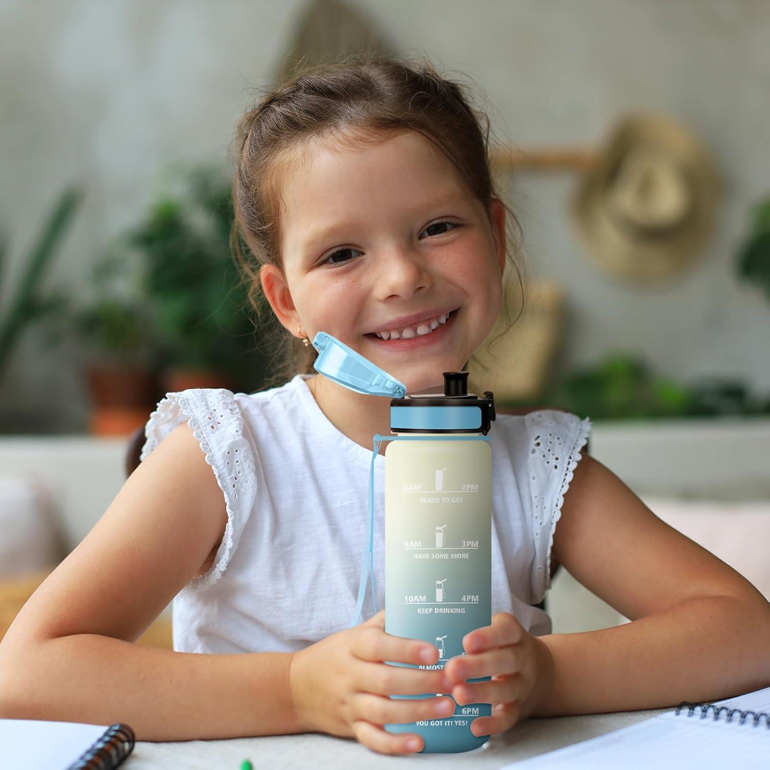 imageBouteille deau 500ml Gourde Enfant avec Filtre Gourde Sport tanche Gourdes avec Marqueur de Temps Bouteille Reutilisable Gourdes Motivation Idale pour Yoga cole Bureau Randonne17oz500ml Blanc Bleu Clair