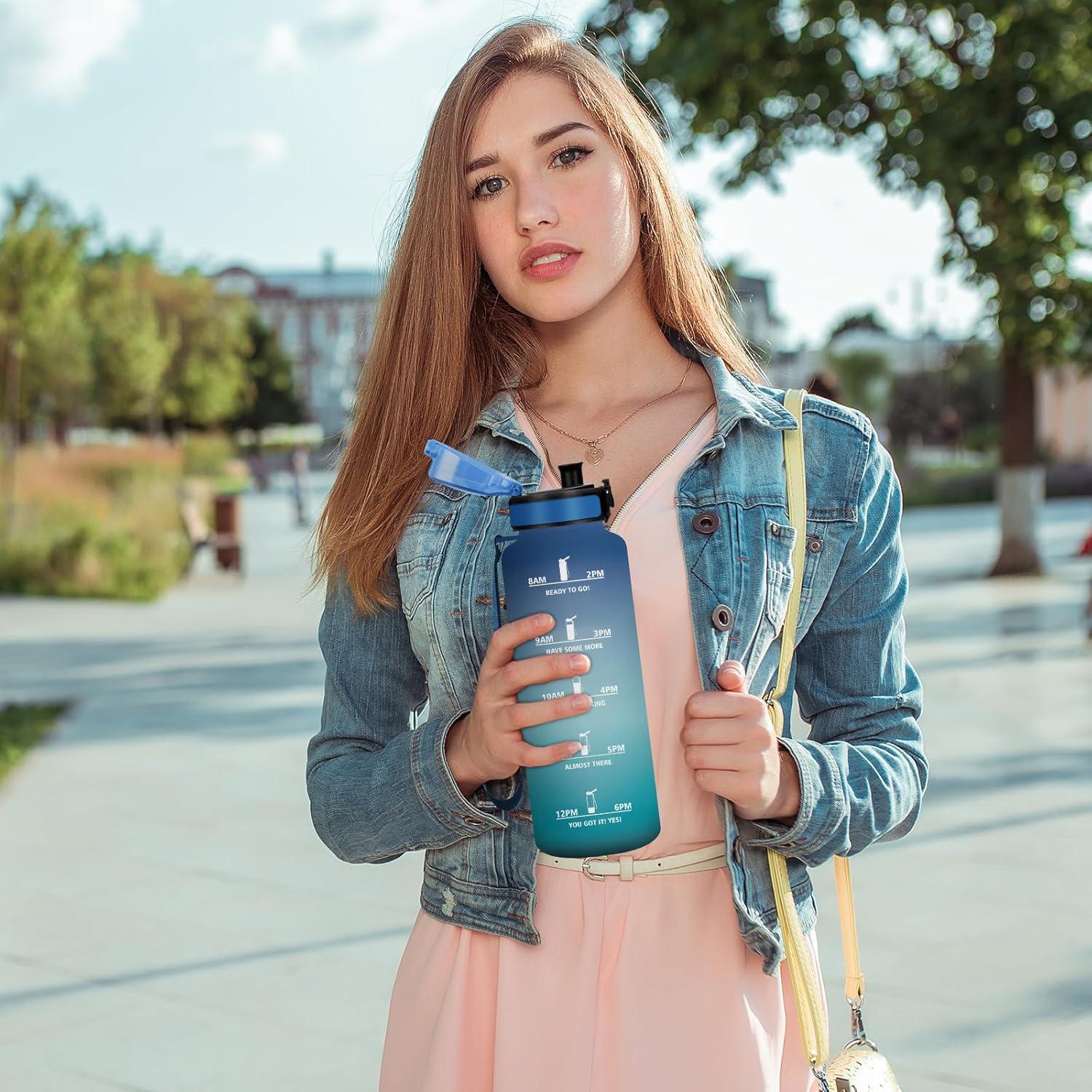 imageBouteille deau 500ml Gourde Enfant avec Filtre Gourde Sport tanche Gourdes avec Marqueur de Temps Bouteille Reutilisable Gourdes Motivation Idale pour Yoga cole Bureau Randonne50oz1500ml Bleu Vert