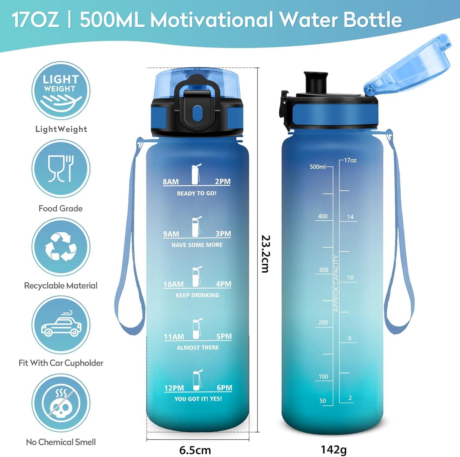 imageBouteille deau 500ml Gourde Enfant avec Filtre Gourde Sport tanche Gourdes avec Marqueur de Temps Bouteille Reutilisable Gourdes Motivation Idale pour Yoga cole Bureau Randonne17oz500ml Bleu Vert